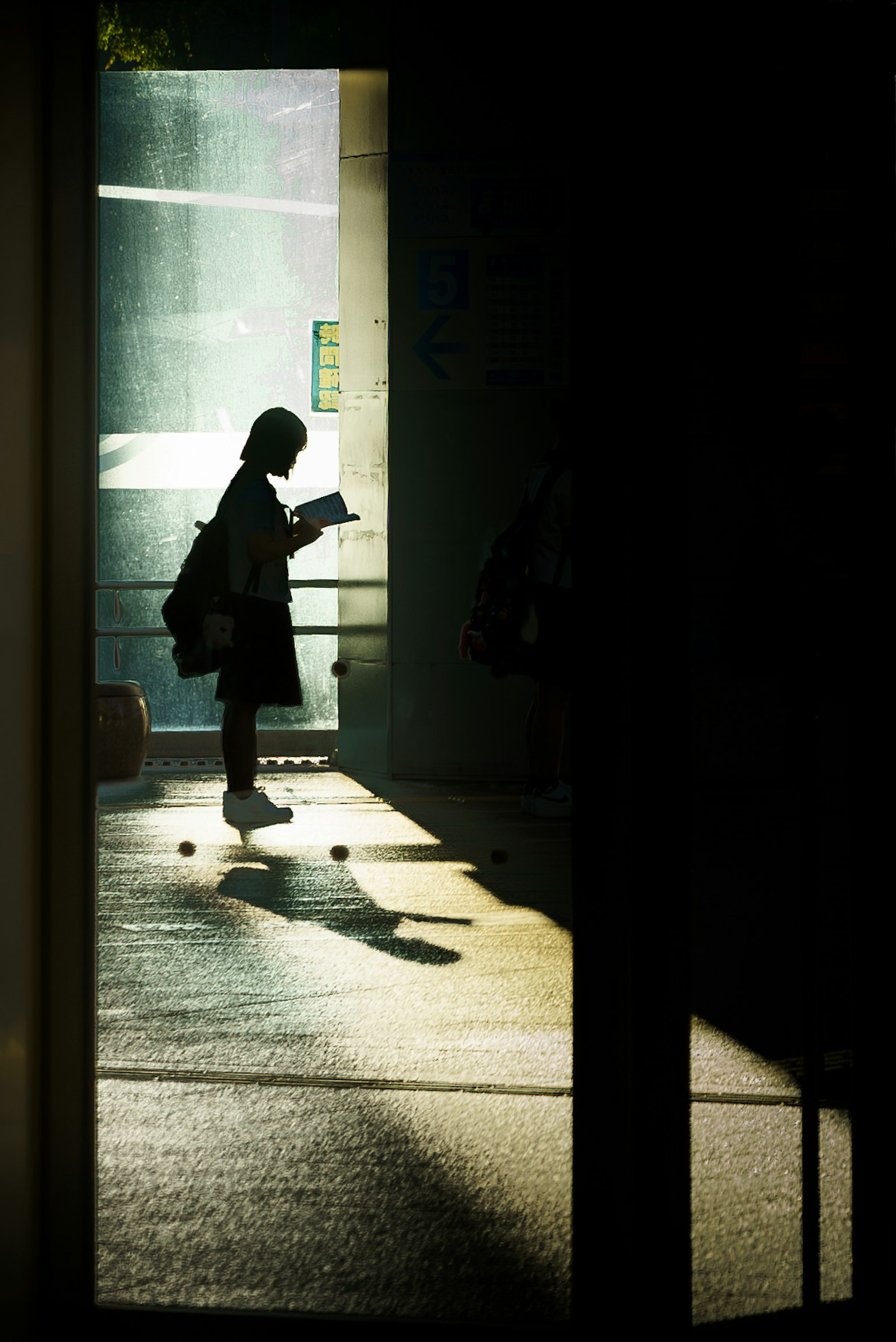 Silhouette d'un étudiant lisant un livre dans un cadre faiblement éclairé