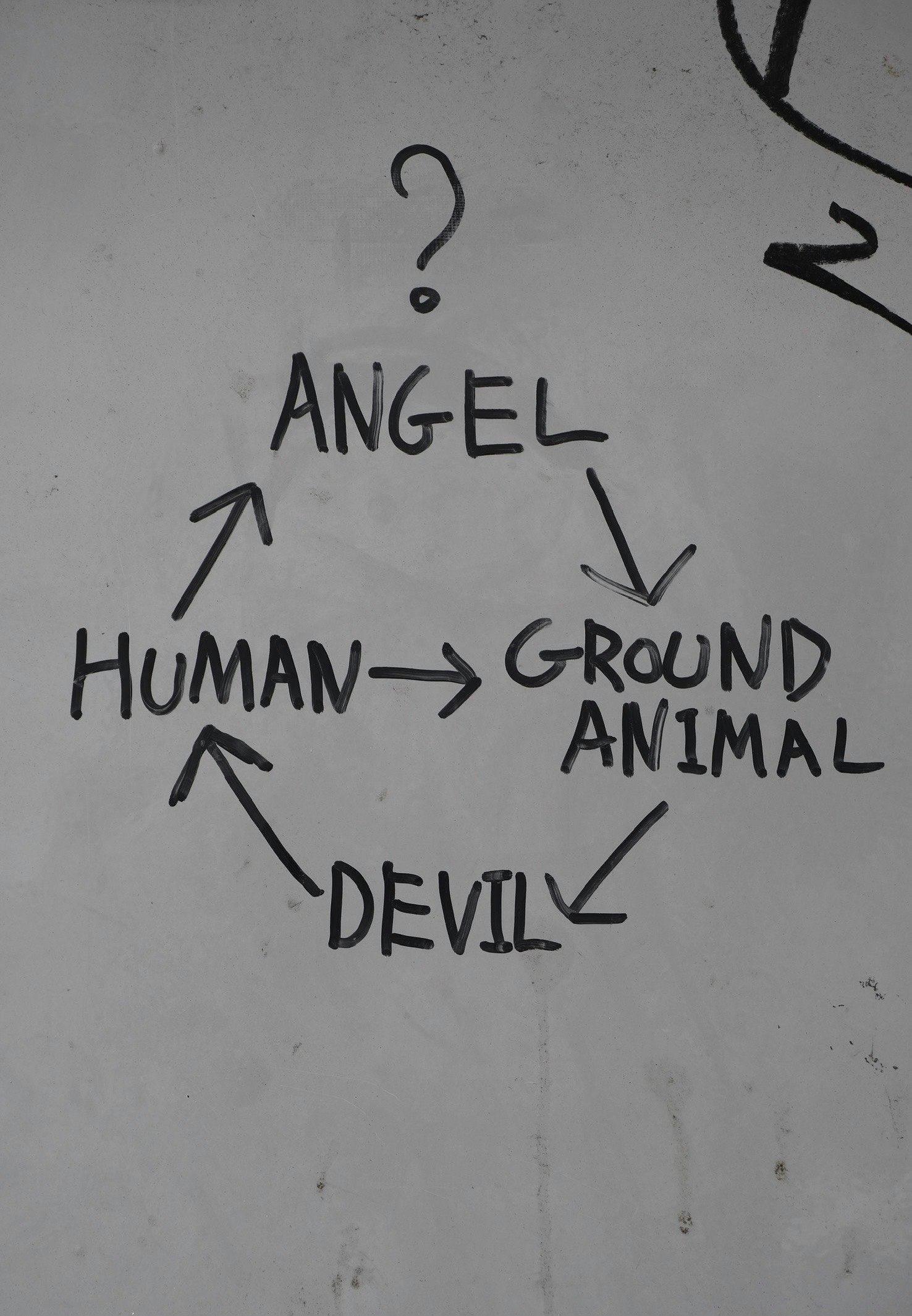 壁に描かれたANGEL・HUMAN→GROUND・ANIMAL・DEVILの落書き