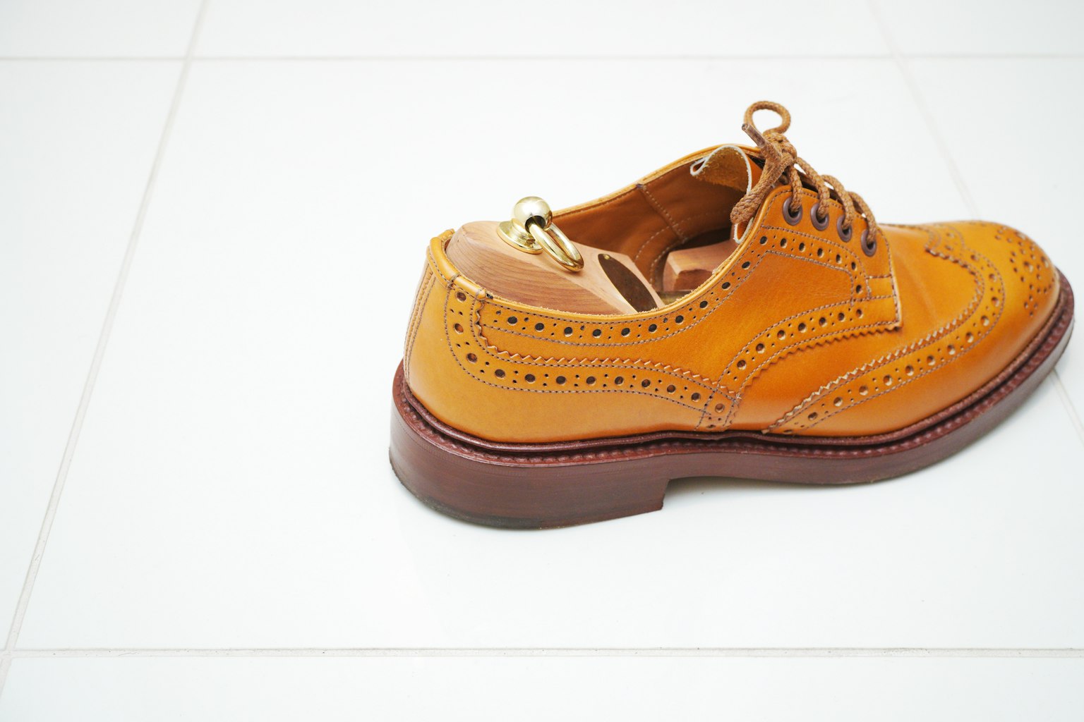 Zapato brogue marrón colocado sobre una superficie de azulejos blancos