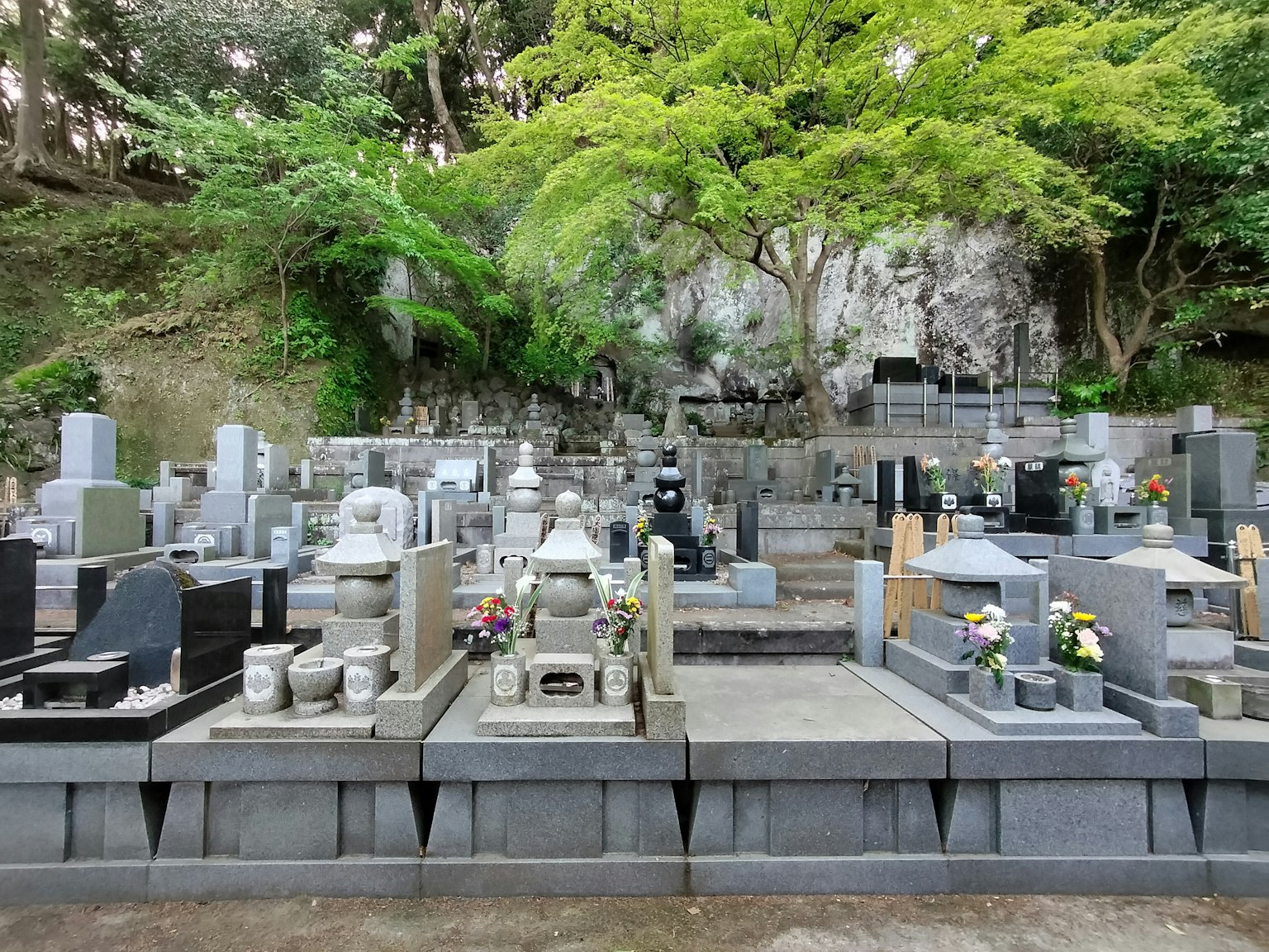 Scène de cimetière tranquille entourée d'arbres verts avec de nombreuses pierres tombales ornées de fleurs