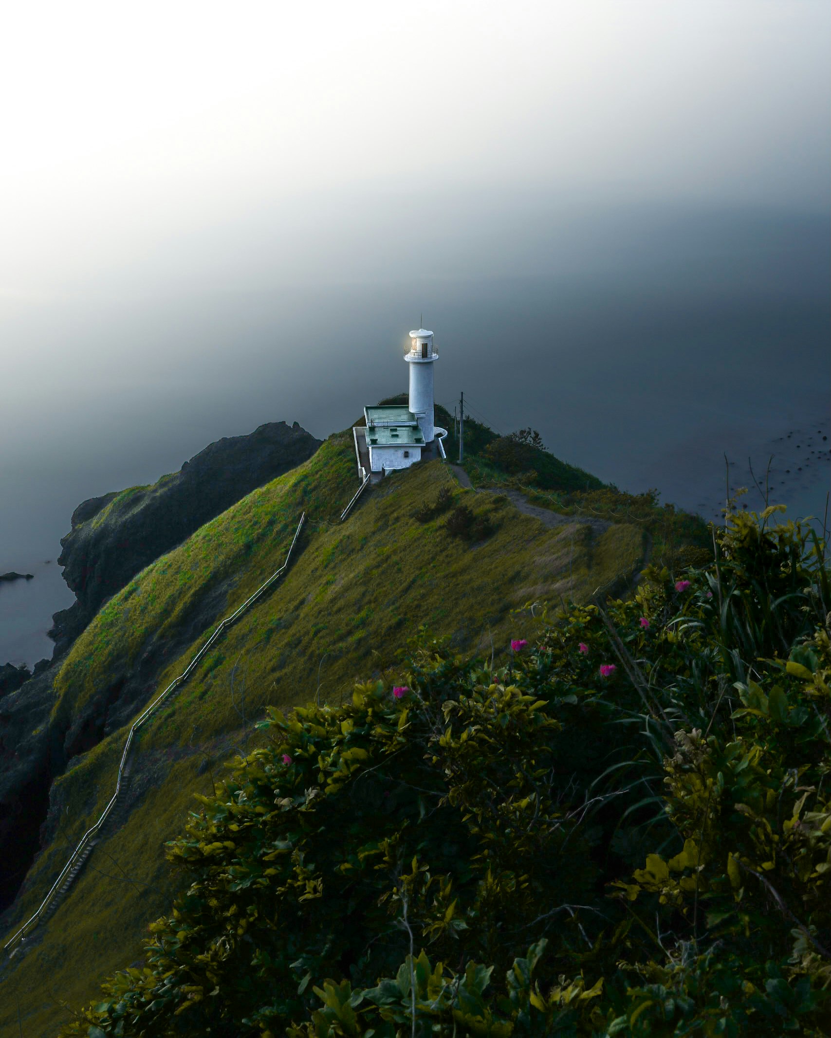 structure d’observation sur une colline au bord de la mer, dans le brouillard