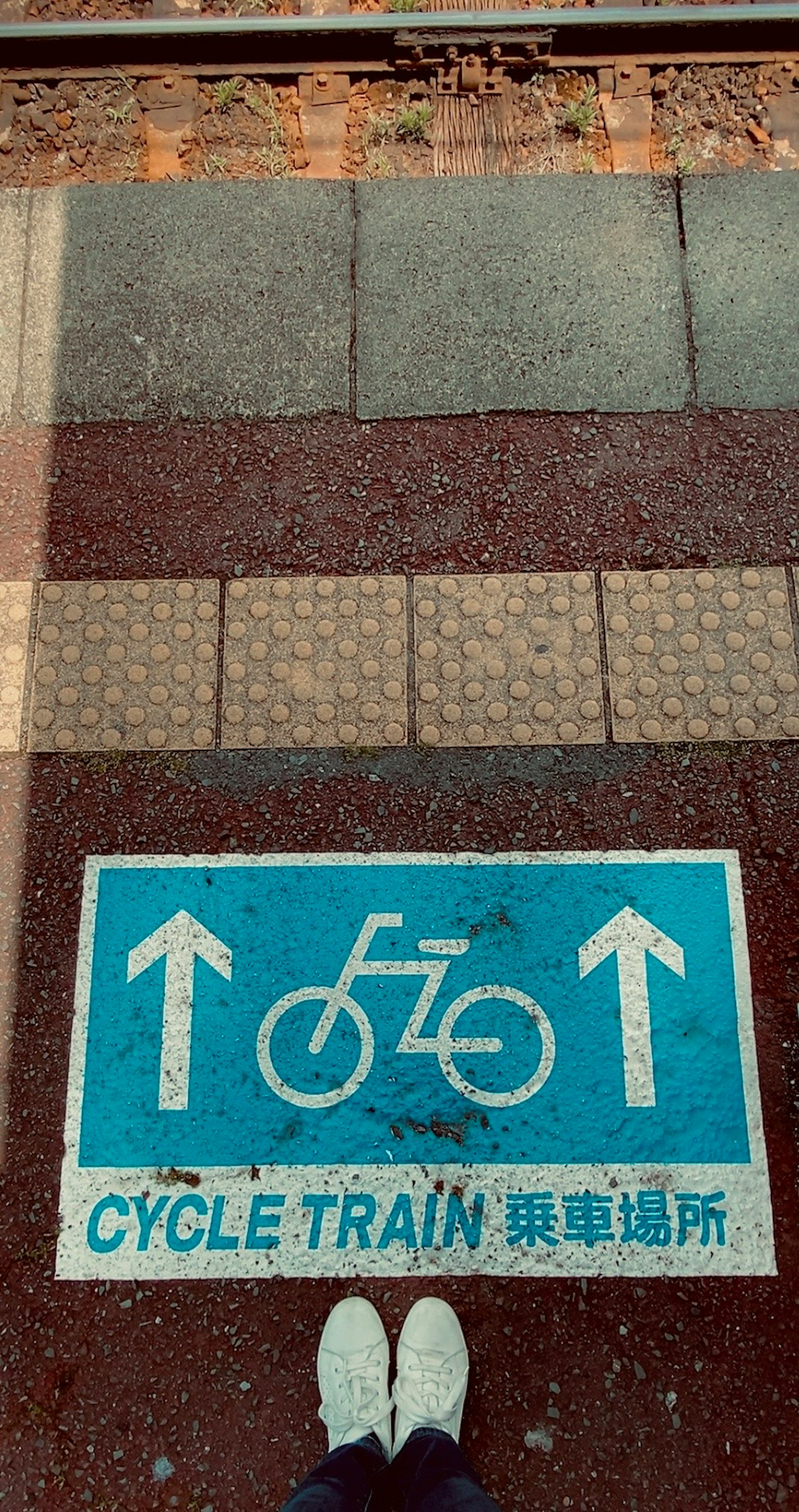 車站地板上有藍色自行車標誌和箭頭的照片