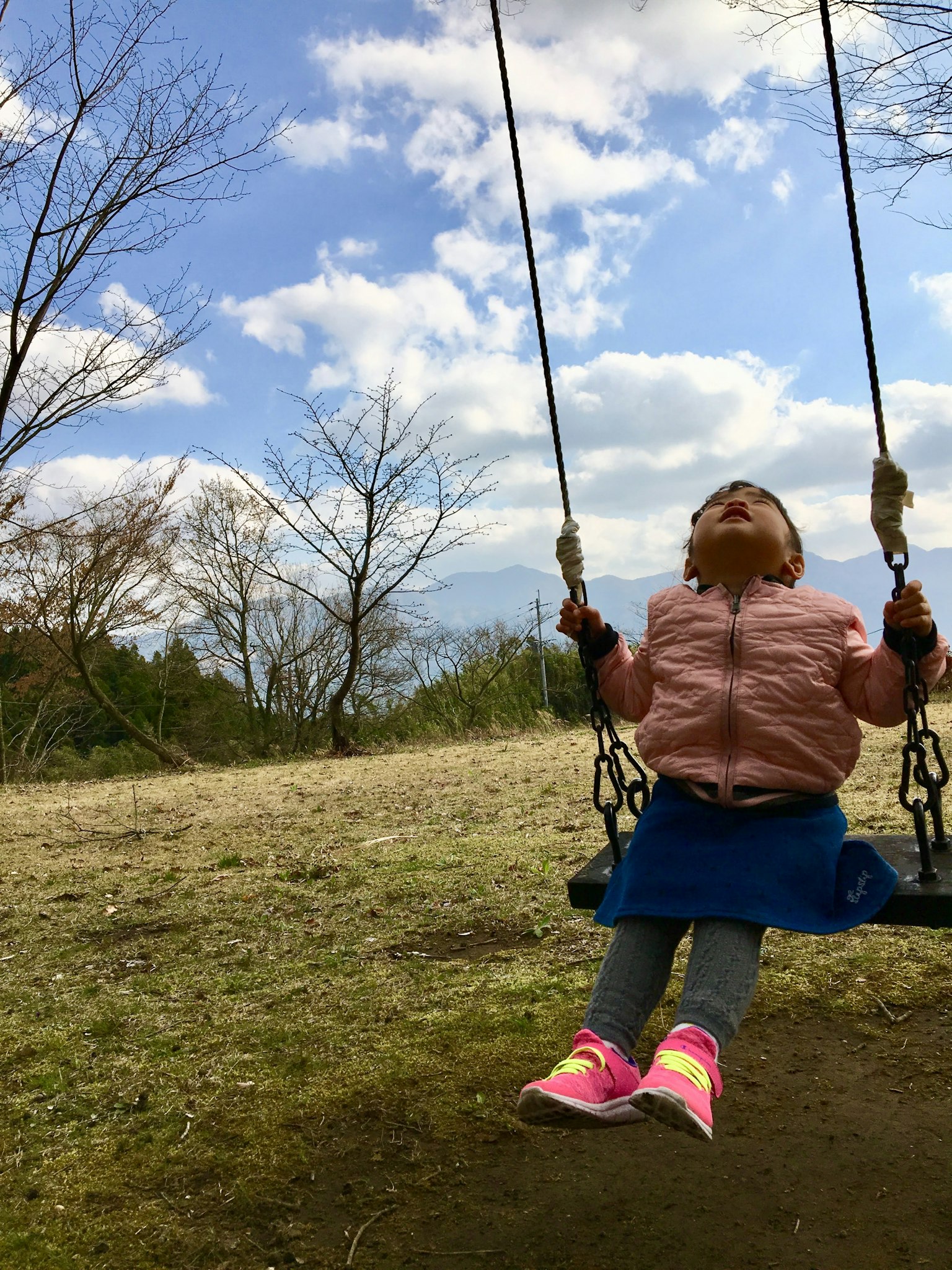 Enfant sur une balançoire dans le parc avec ciel bleu et nuages