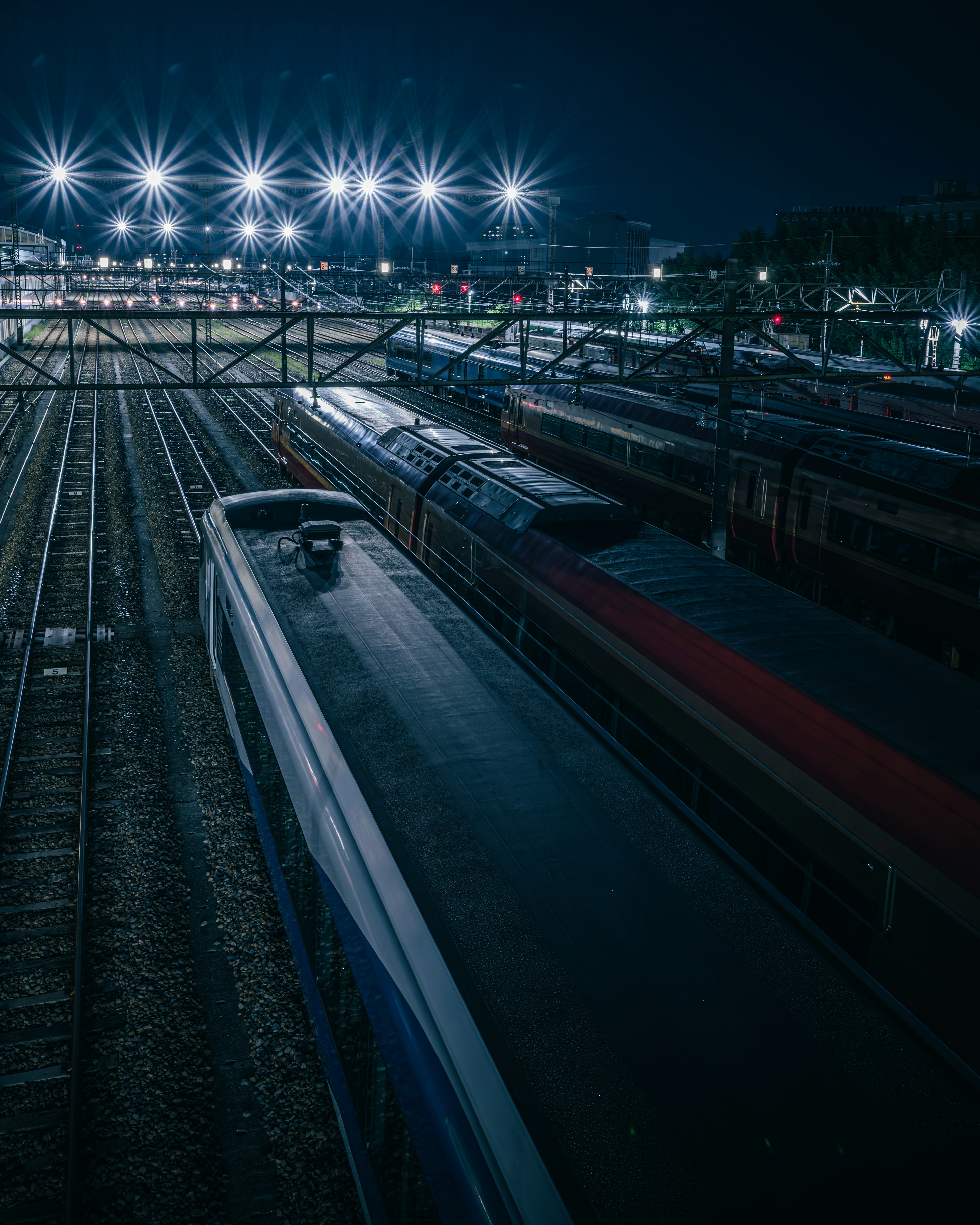 binari e piattaforma ferroviaria notturna con treni fermi