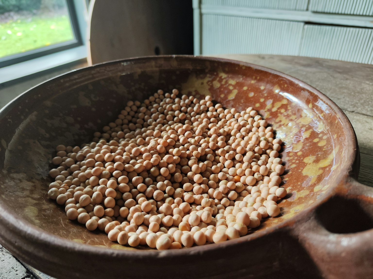 Un piatto marrone pieno di numerosi piccoli fagioli