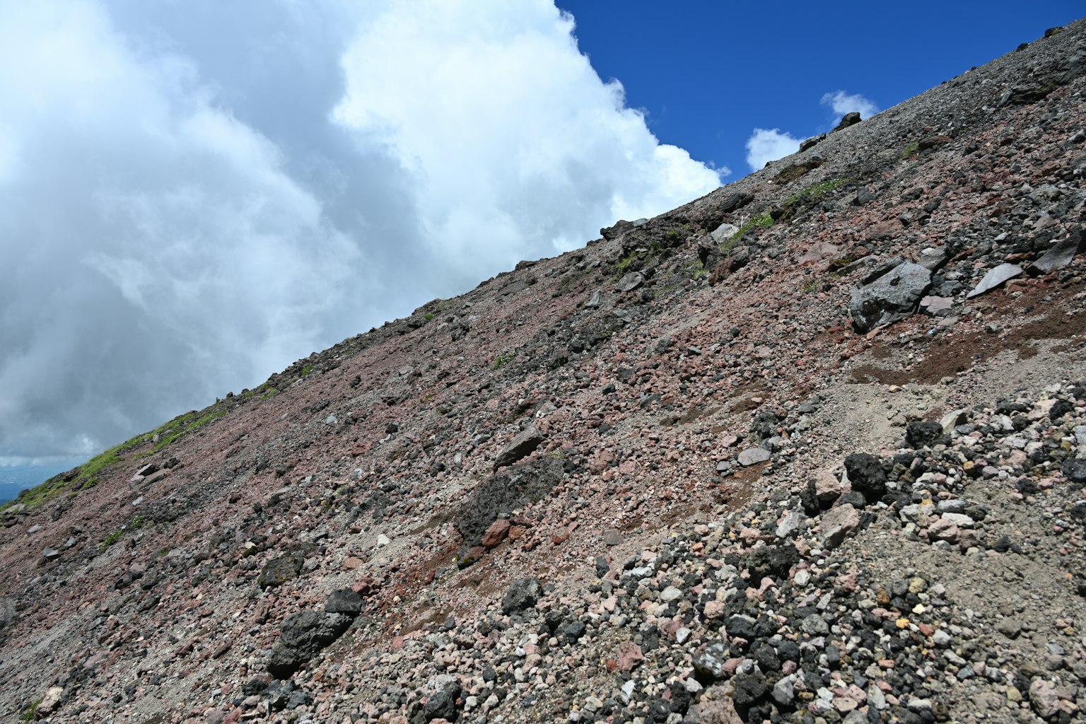 Pendiente de montaña con terreno rocoso bajo un cielo azul y nubes