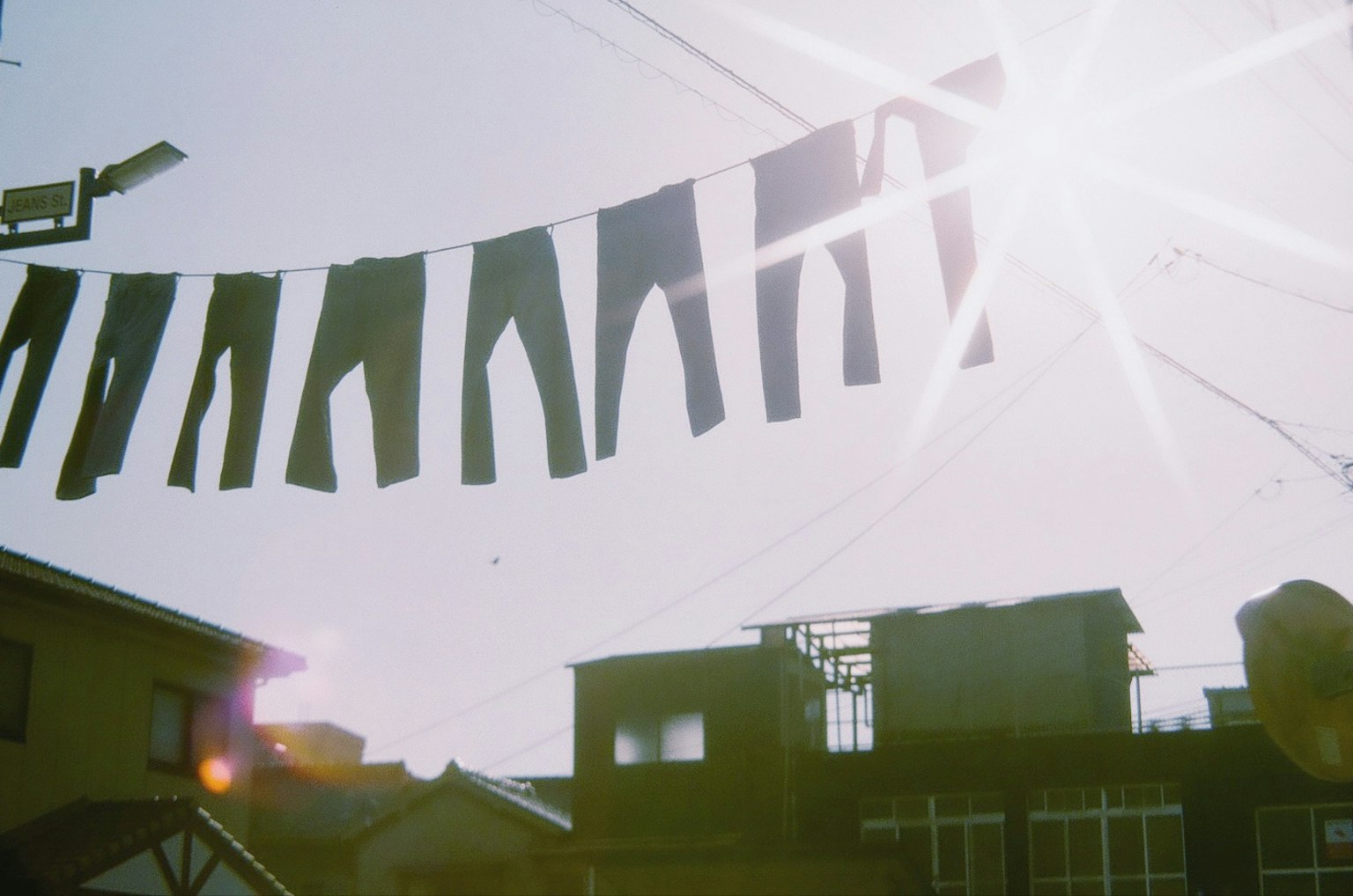Pants hanging on a line under a clear sky