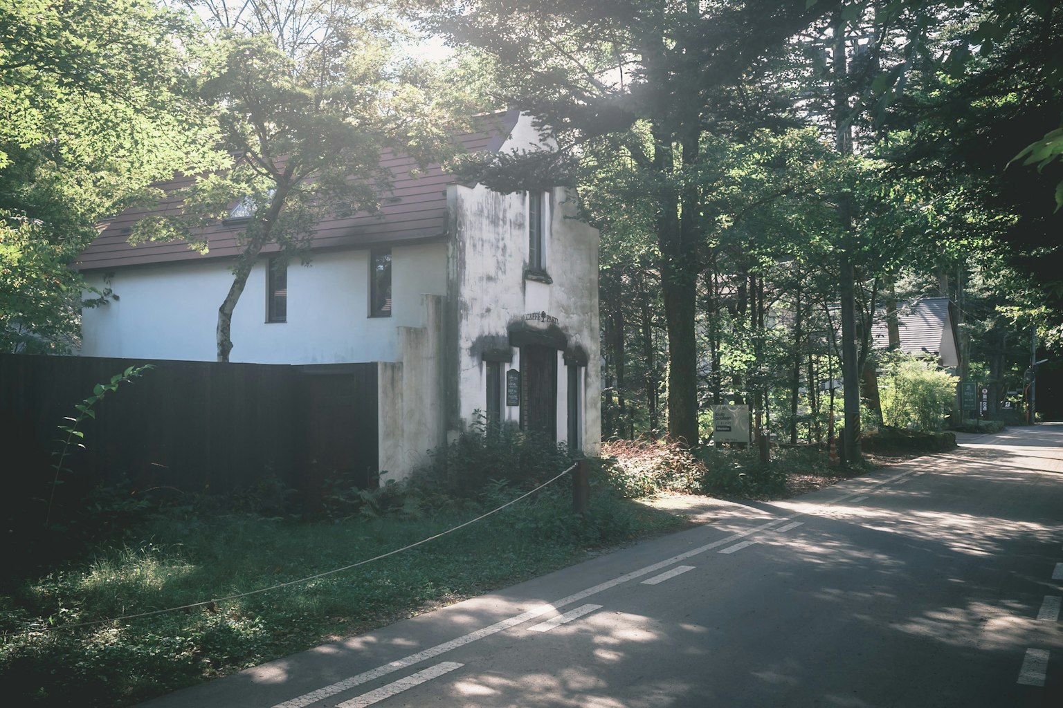 緑に囲まれた古い家と道路の風景