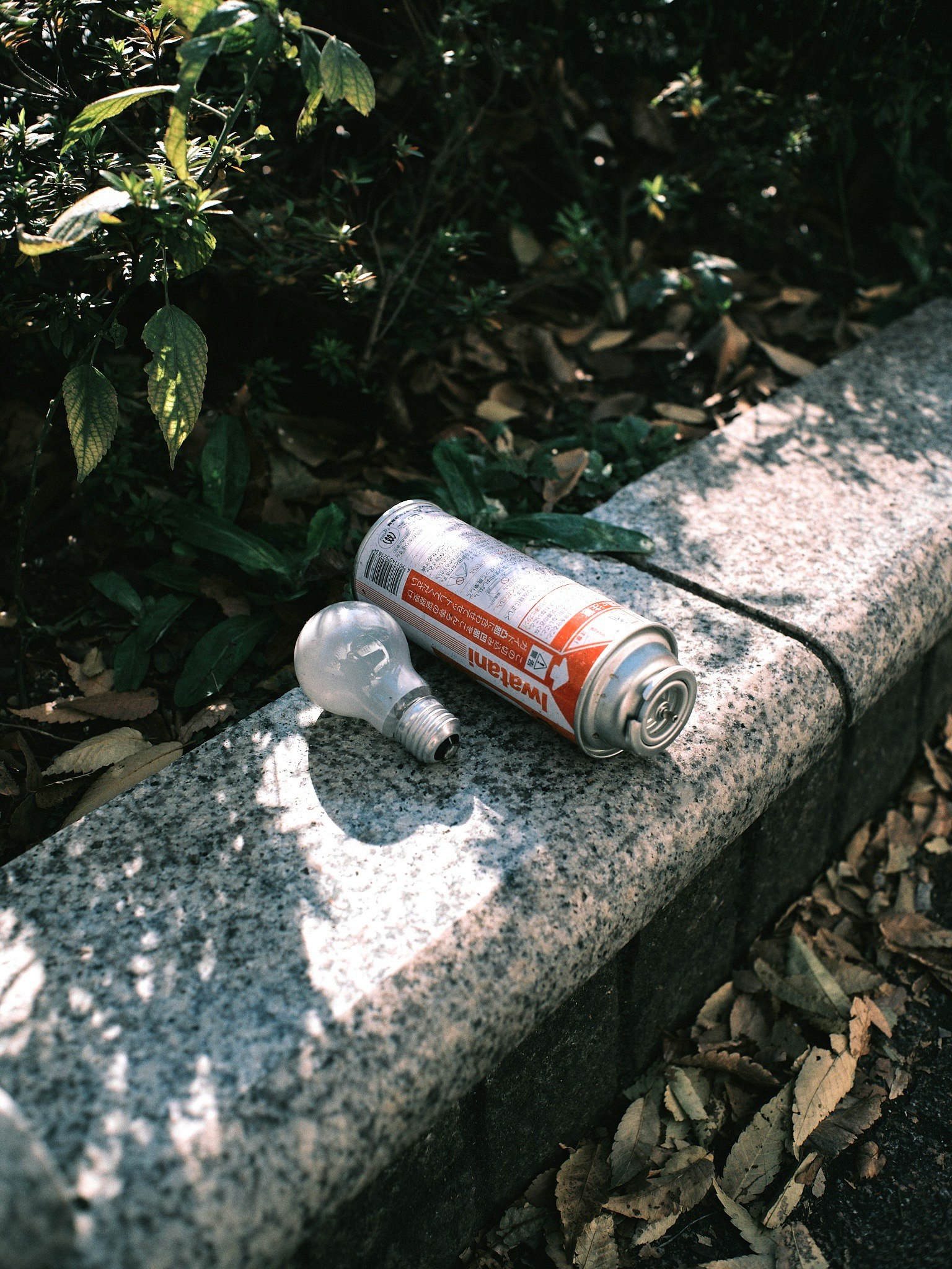 Una lattina e una lampadina sul ciglio della strada