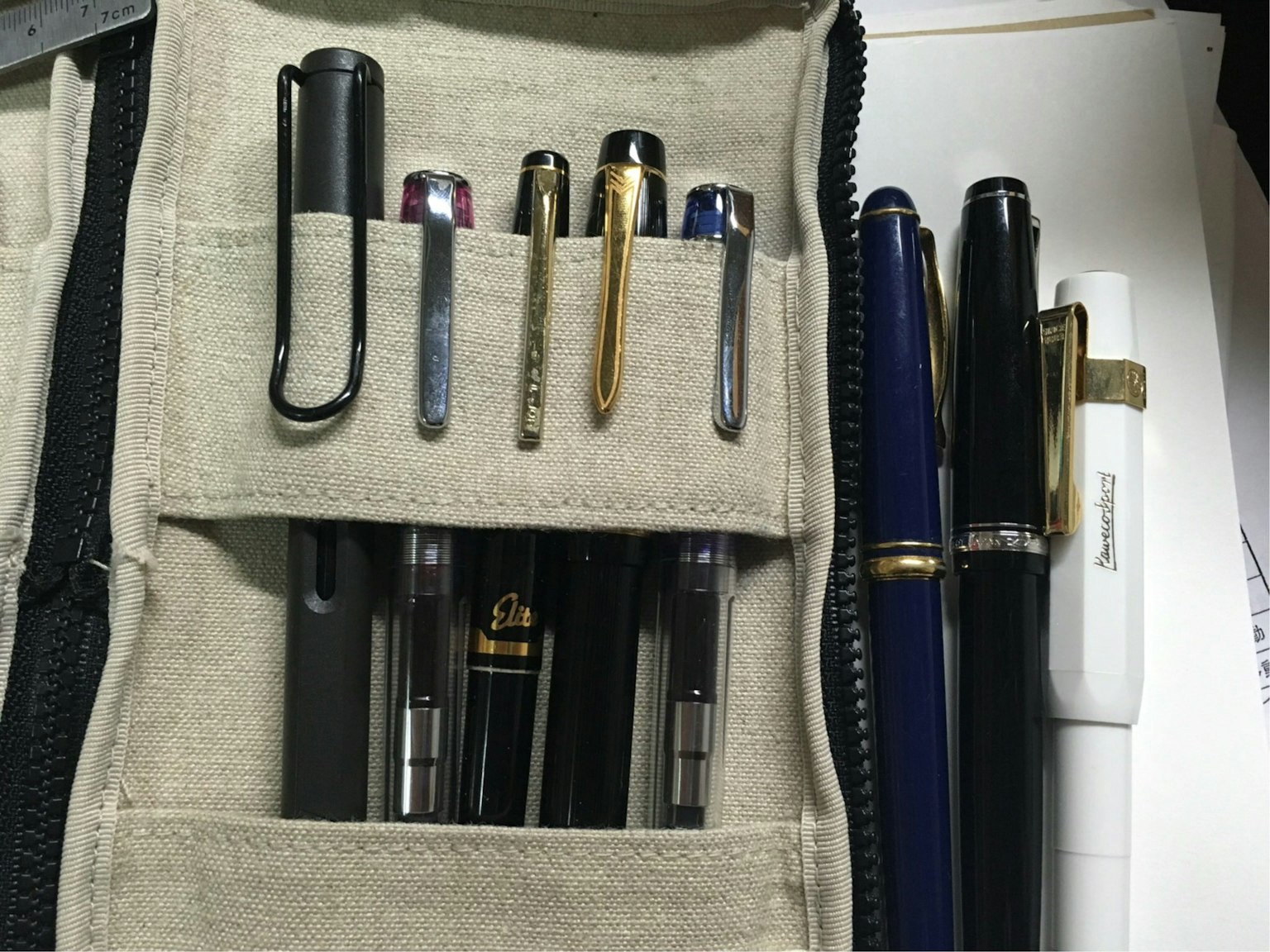 各種筆整齊地排列在筆袋中