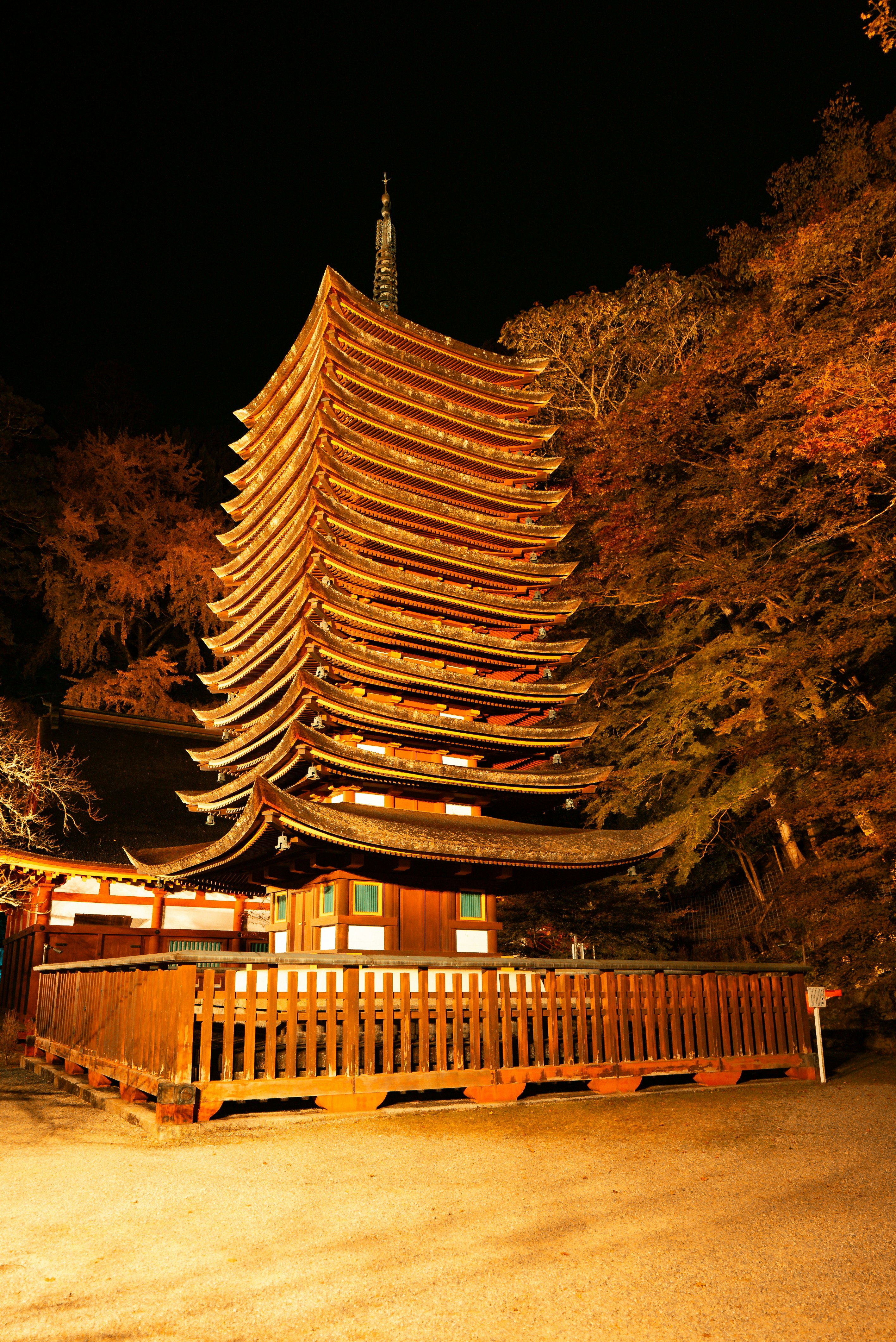夜の紅葉と朱塗りの多層塔のある寺院の境内