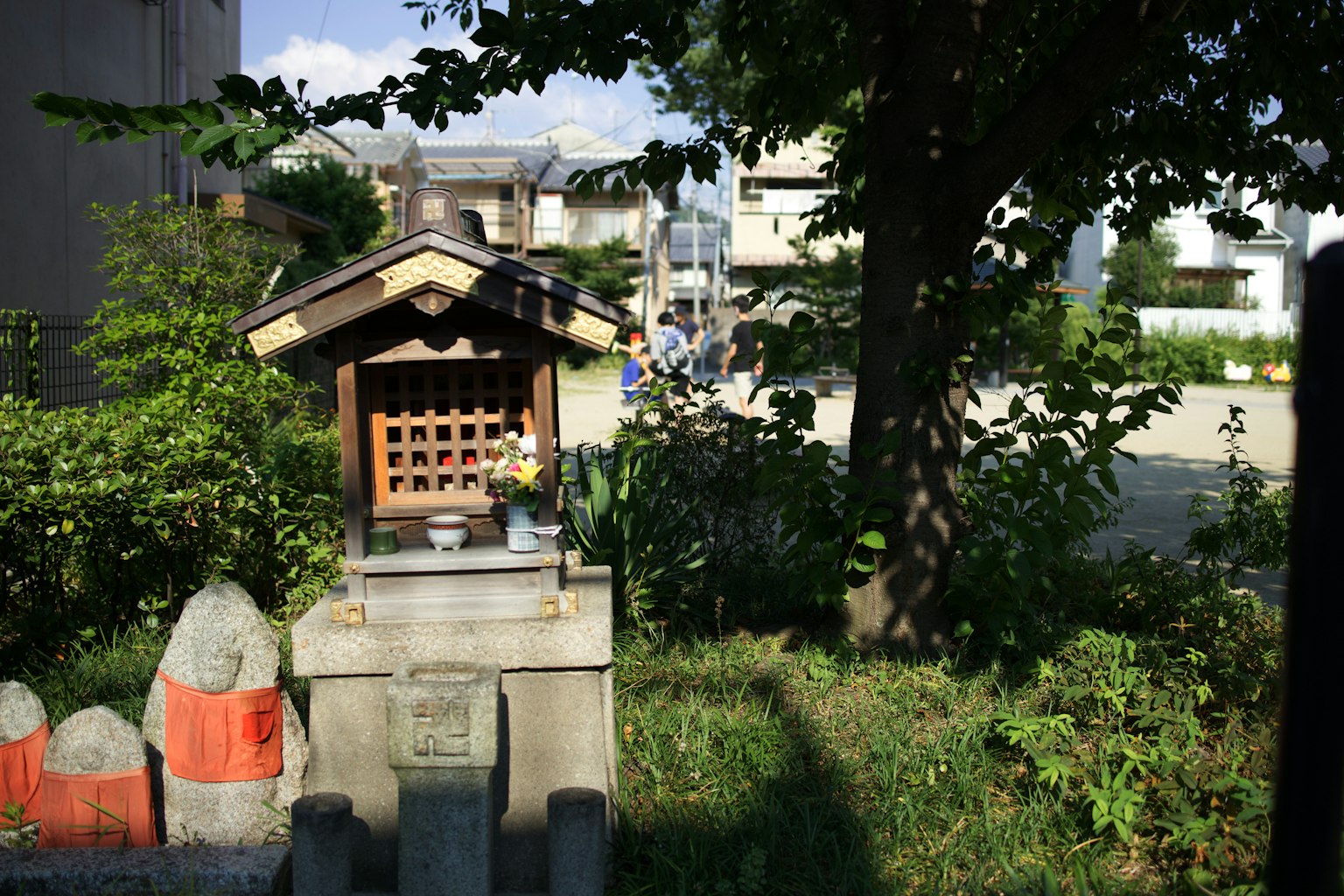 一座小型神社样式的建筑在树下，周围环绕着郁郁葱葱的绿地，环境宁静