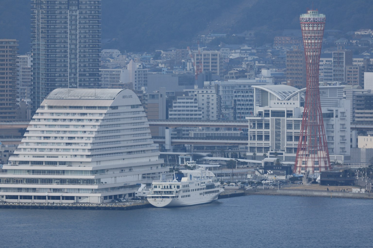 A view of modern buildings and skyscrapers at Kobe Port
