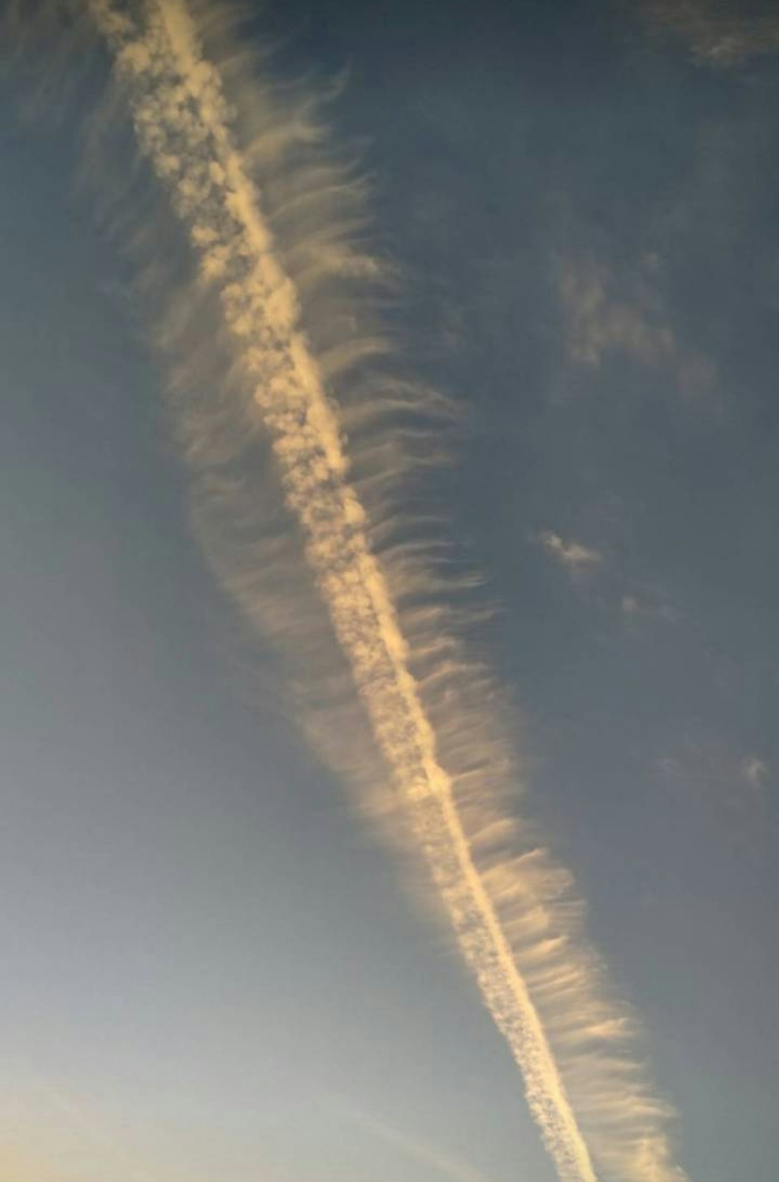 Una striscia di nuvole nel cielo blu che riflette la luce del tramonto