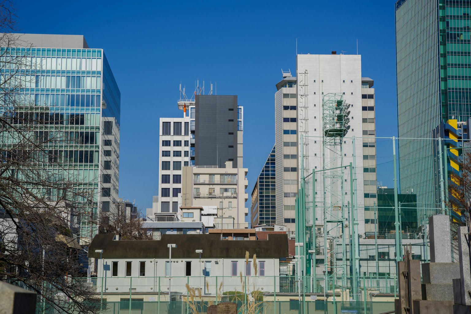 Rascacielos modernos y edificios antiguos bajo un cielo azul claro
