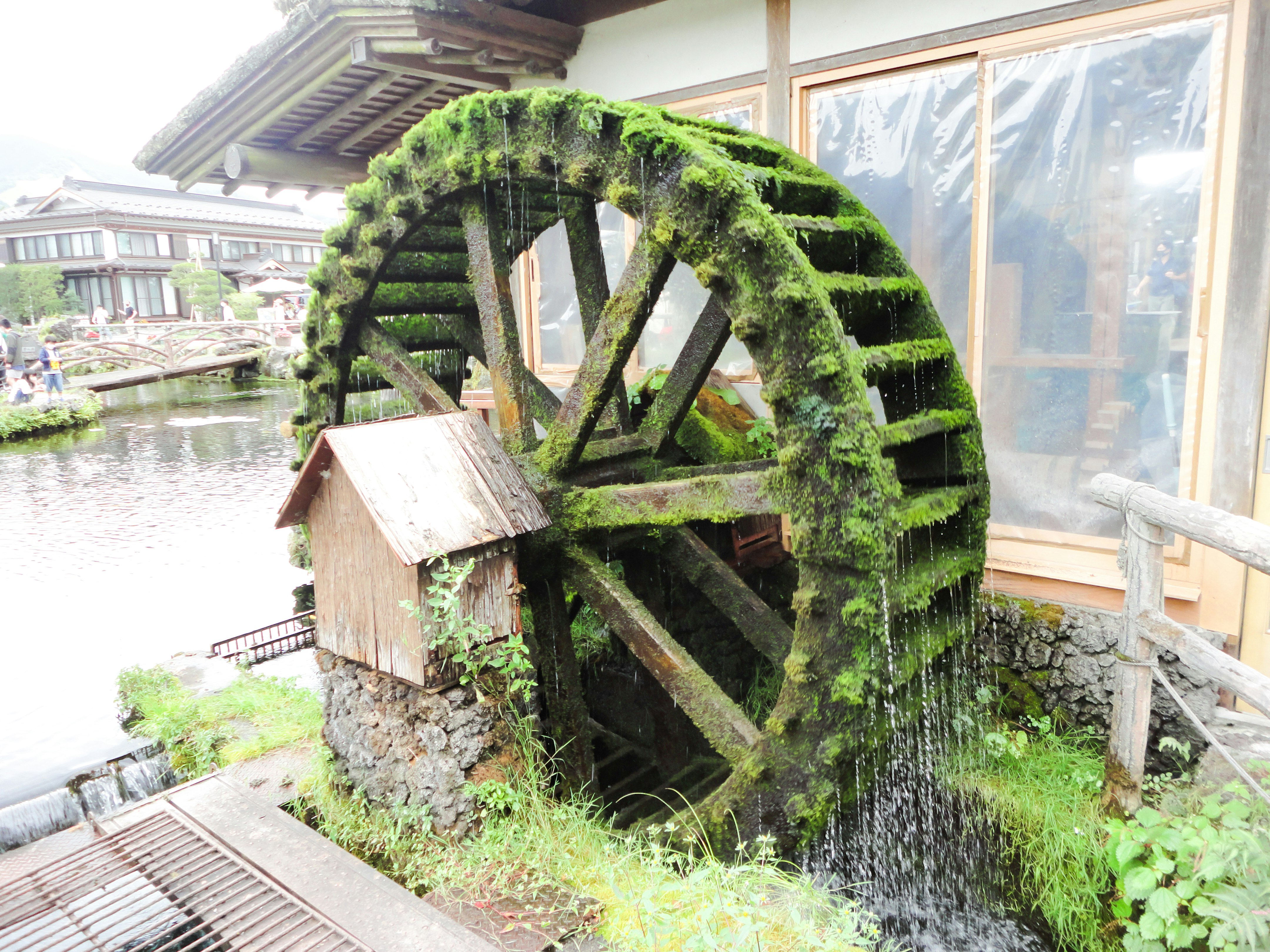waterwheel beside a small riverside shed and stone wall