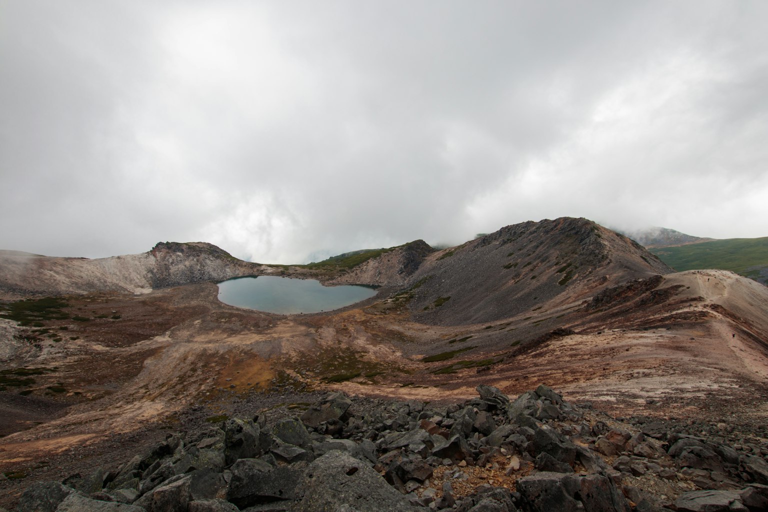 Paysage d'un cratère volcanique avec des roches grises et un étang d'eau