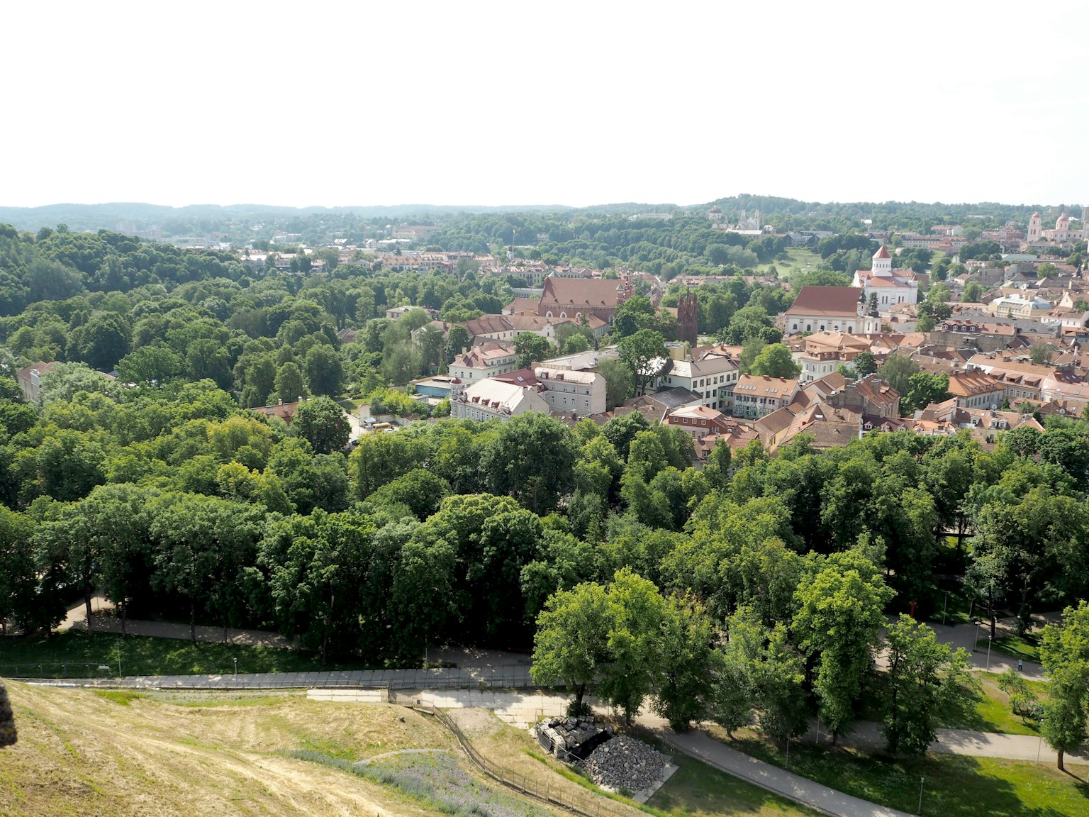 Panoramic view of a town with lush greenery and historical buildings