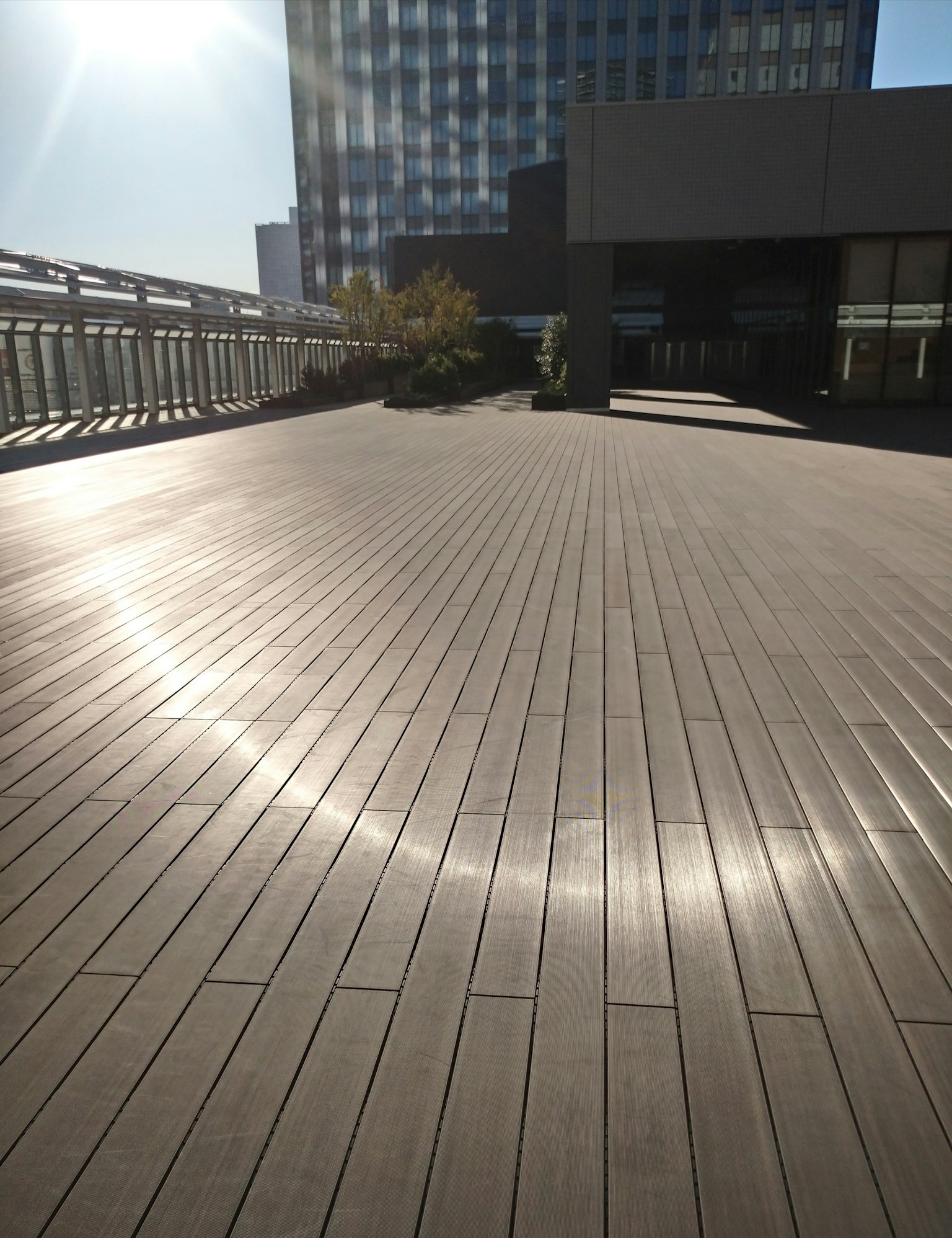 明るい日差しの下の木製デッキの広場