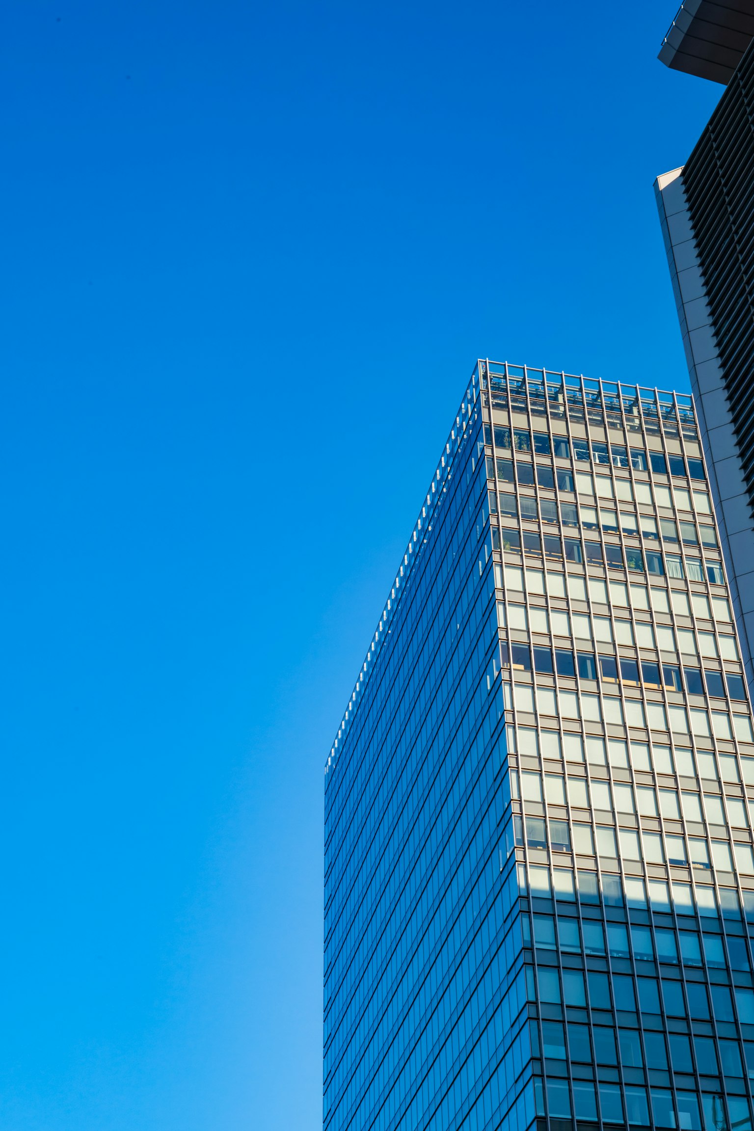 Tall glass facade building under a clear blue sky