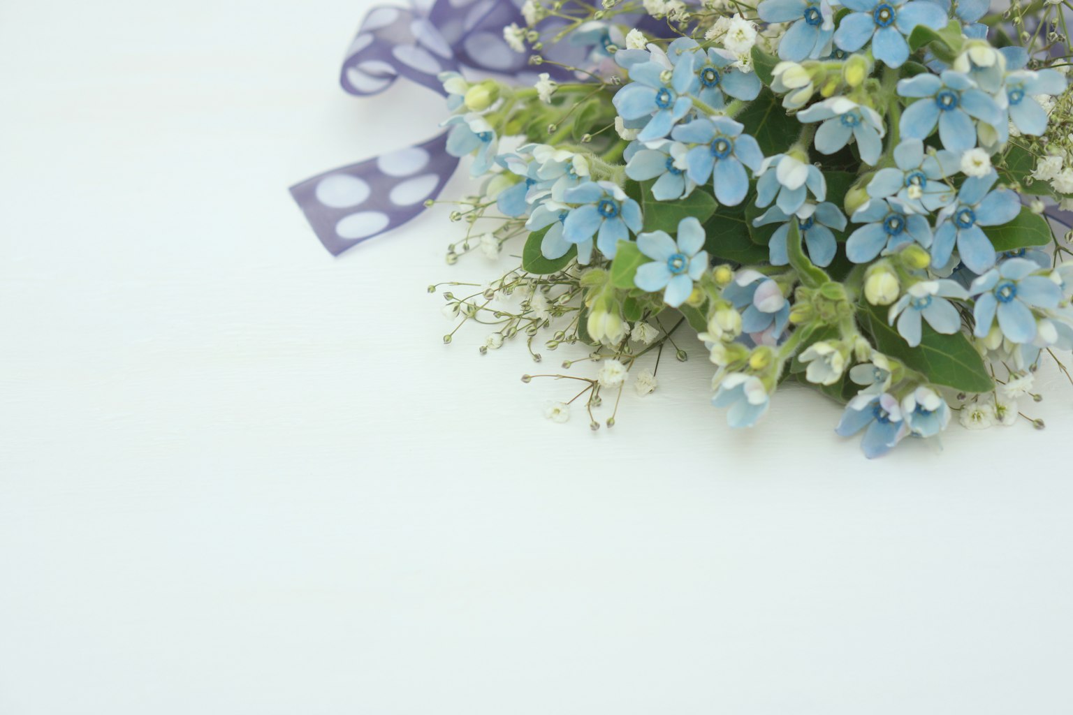 Ramo de flores azules con cinta morada
