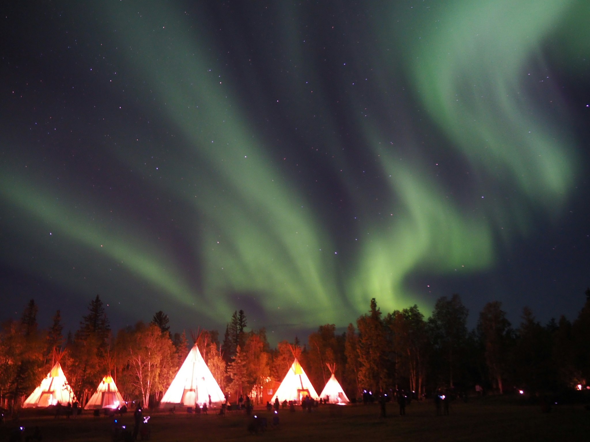 Nacht im Aurora Village in Yellowknife mit leuchtendem Polarlicht und Zelten