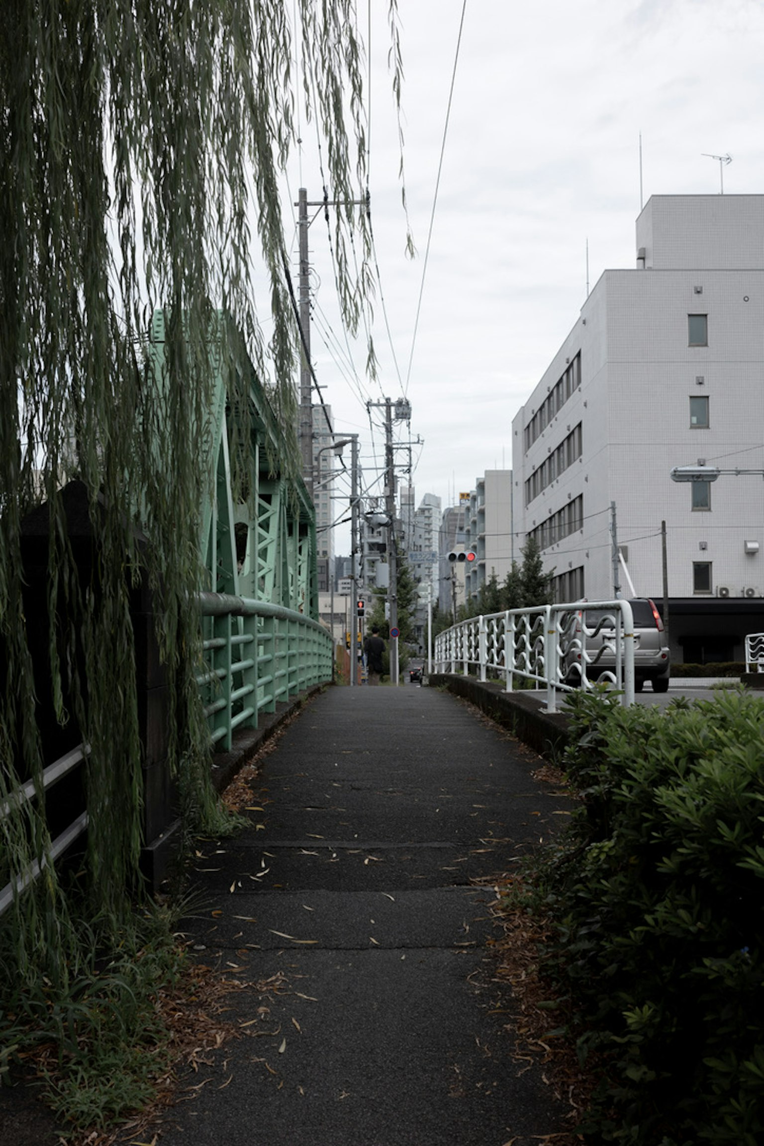 Scène de rue tranquille avec un pont vert et des bâtiments environnants