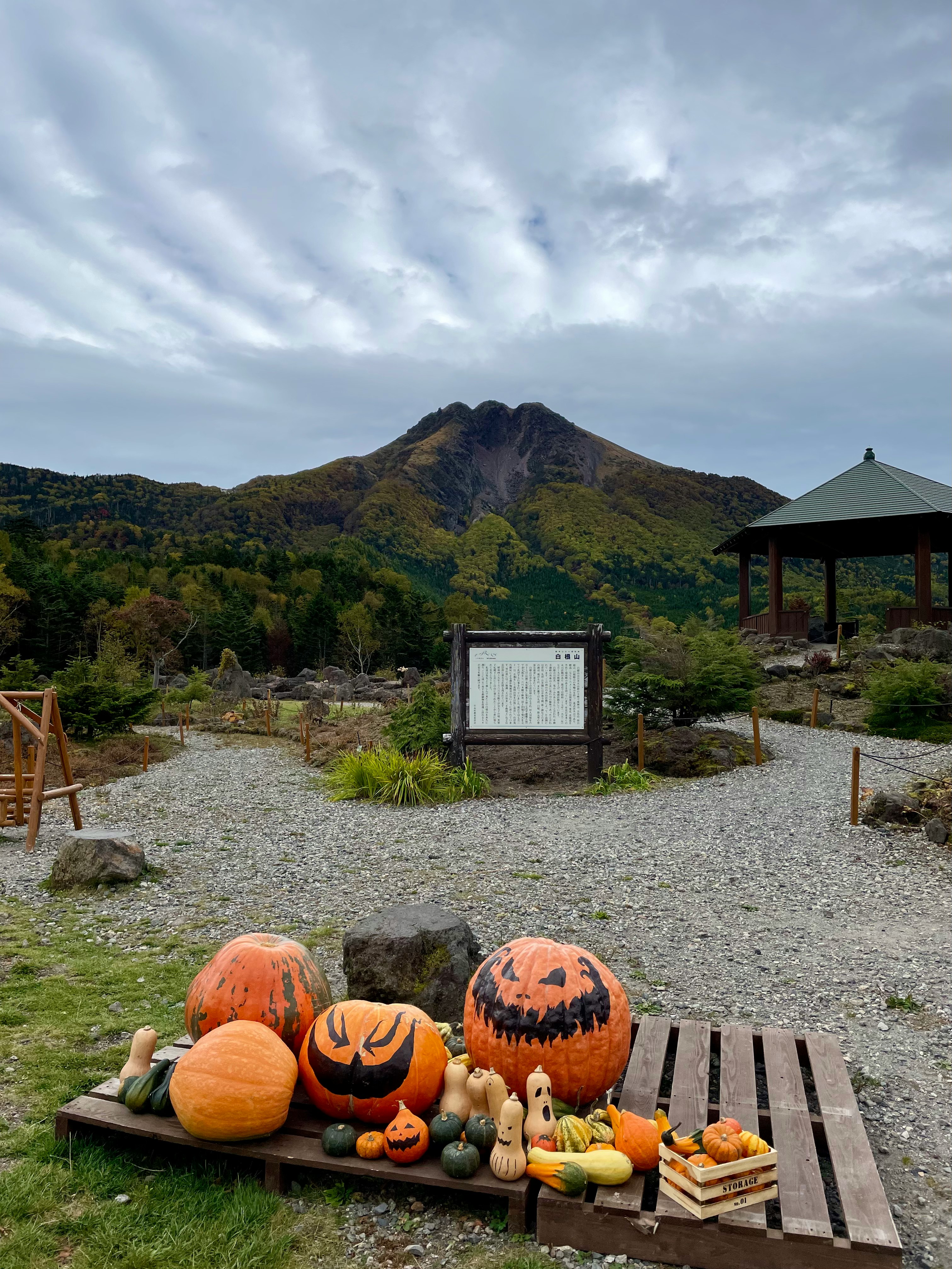 dekorasi Halloween outdoor dengan labu dan pemandangan pegunungan