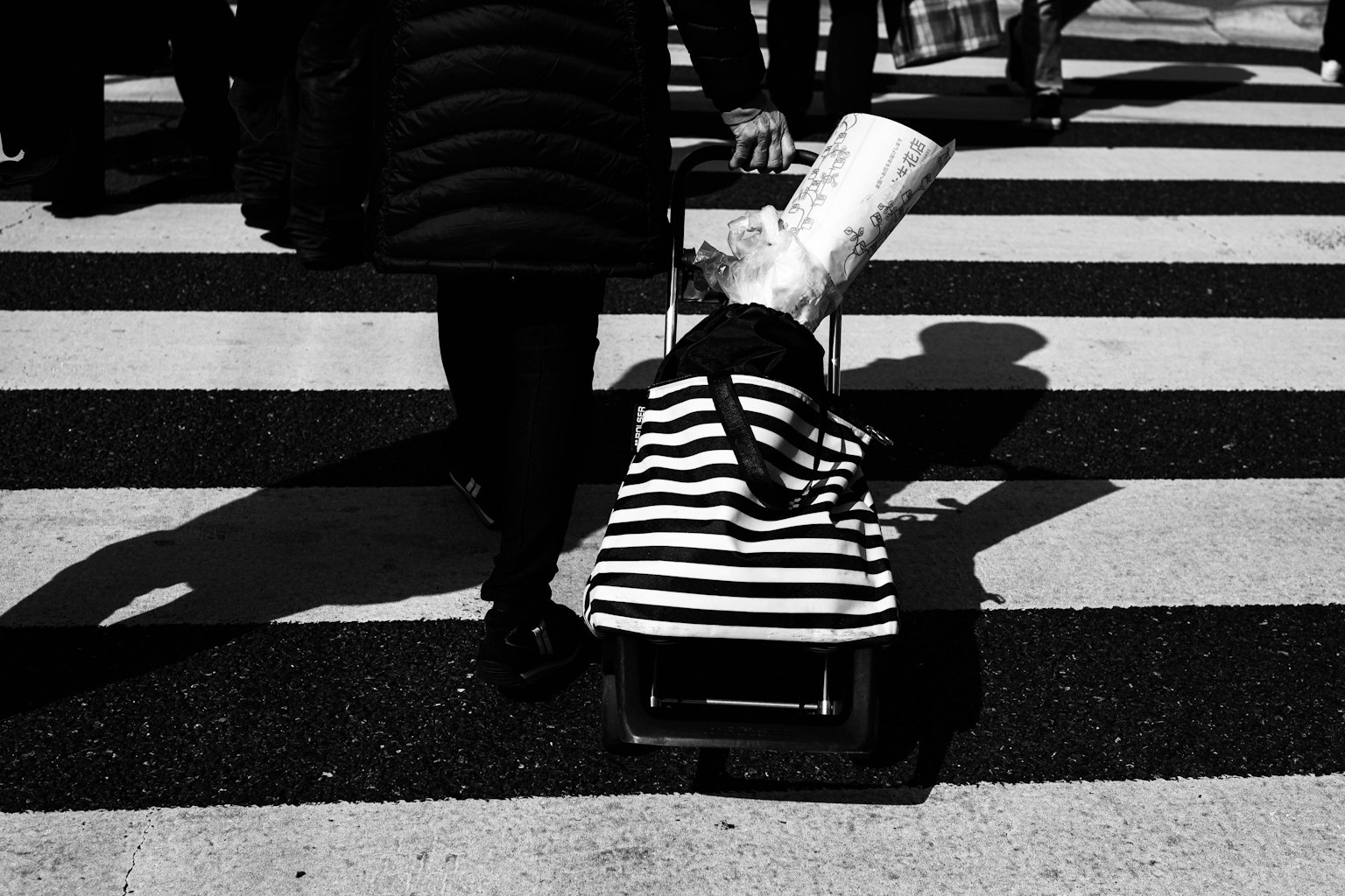Persona che tira una borsa a righe attraversando un passaggio pedonale in bianco e nero