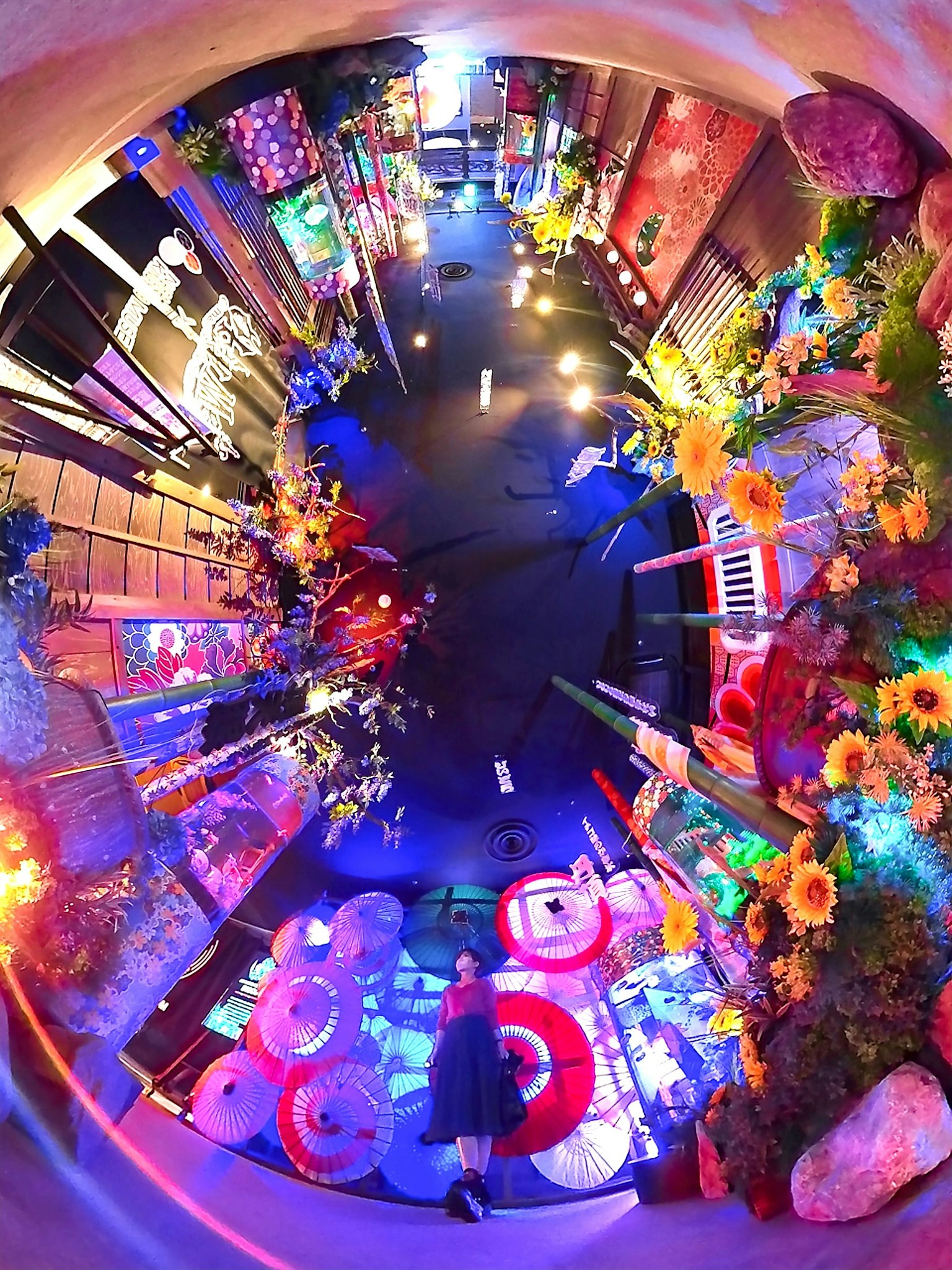 Panoramablick auf eine Kunstinstallation mit bunten Lichtern und Dekorationen