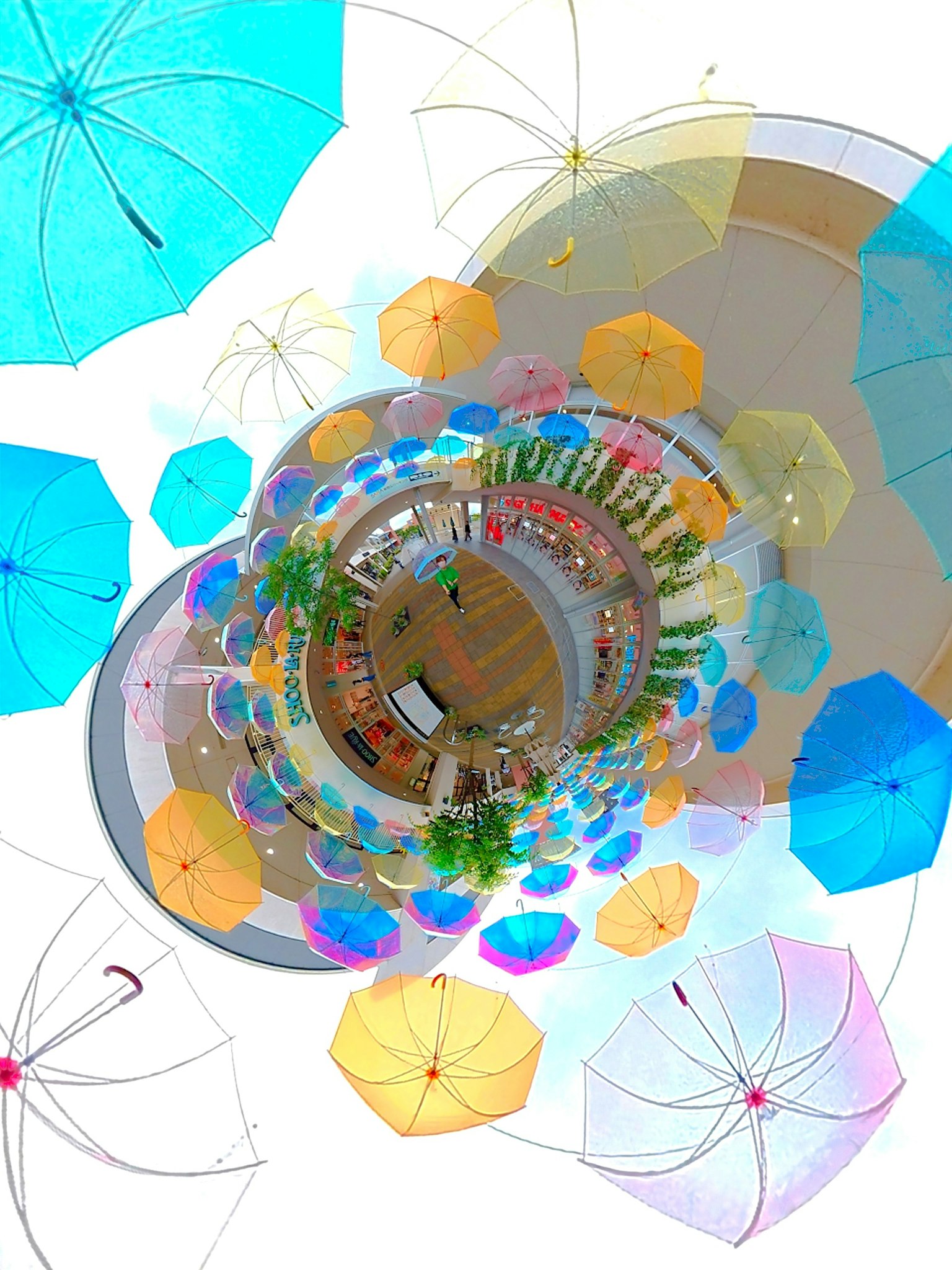 一個夢幻場景，五彩的傘漂浮在空中