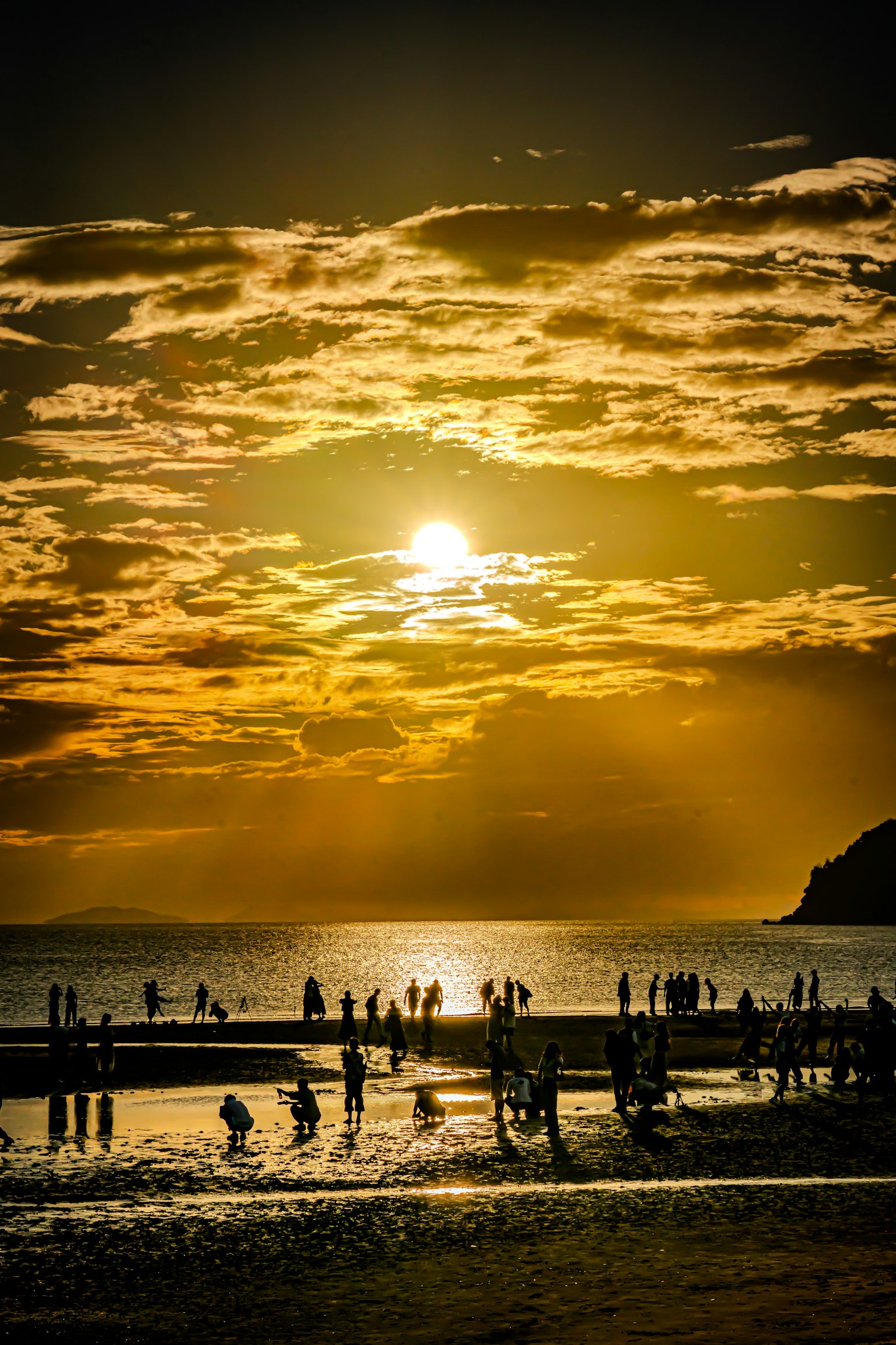 Silhouette di persone che giocano sulla spiaggia al tramonto