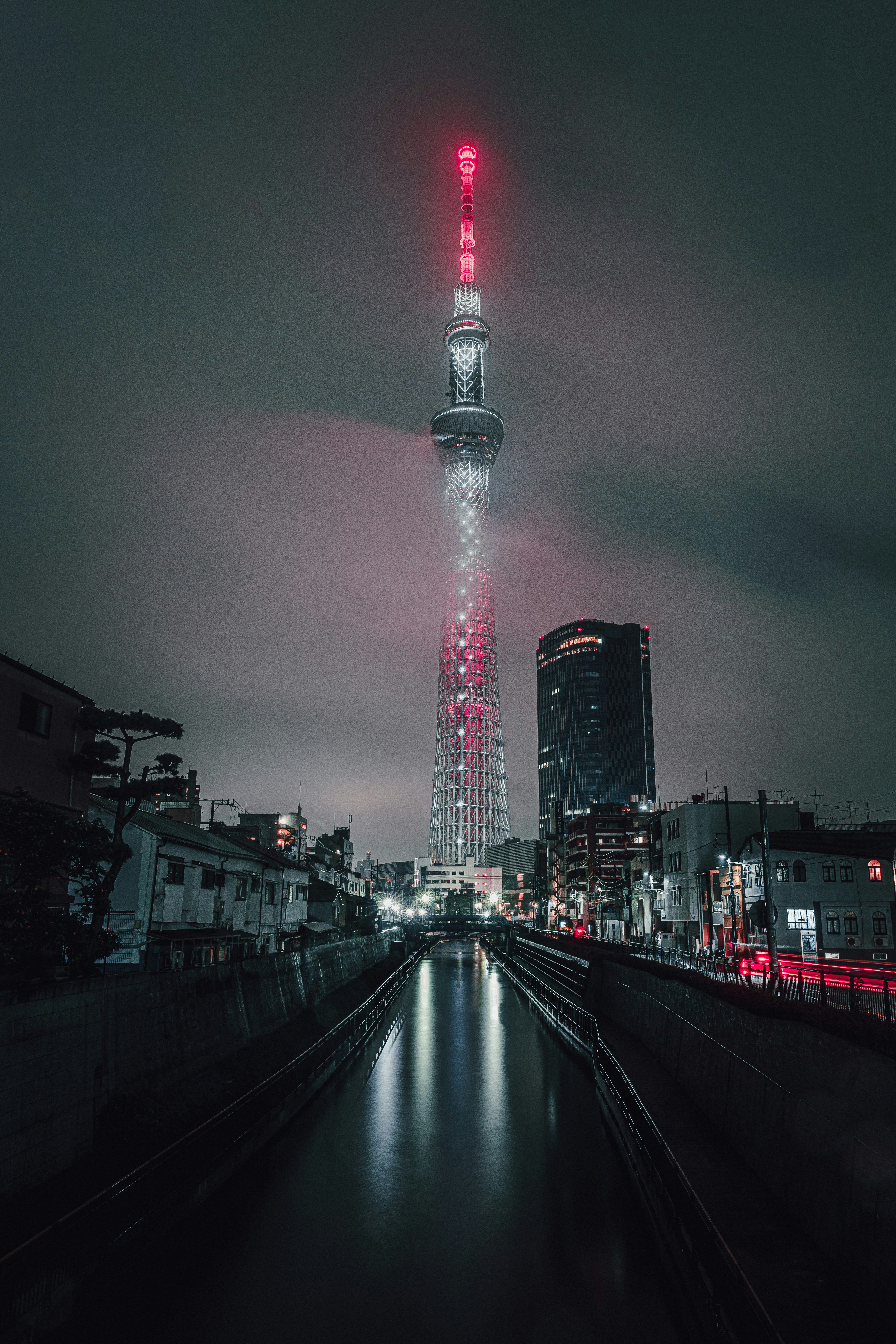 東京スカイツリーの赤い展望灯が見える夜の川沿いの遊歩道