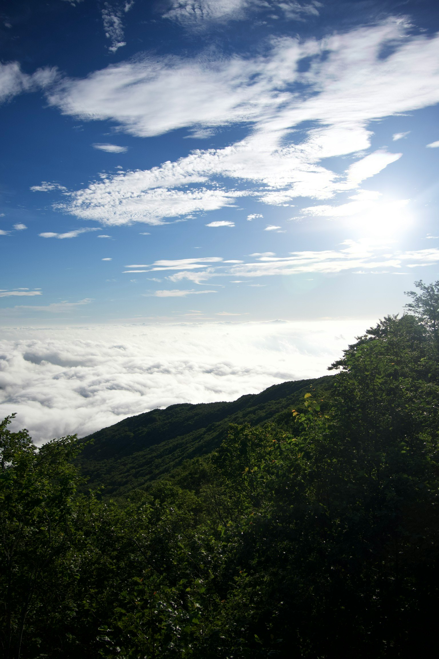 Montagne verdi sotto un cielo blu e un mare di nuvole