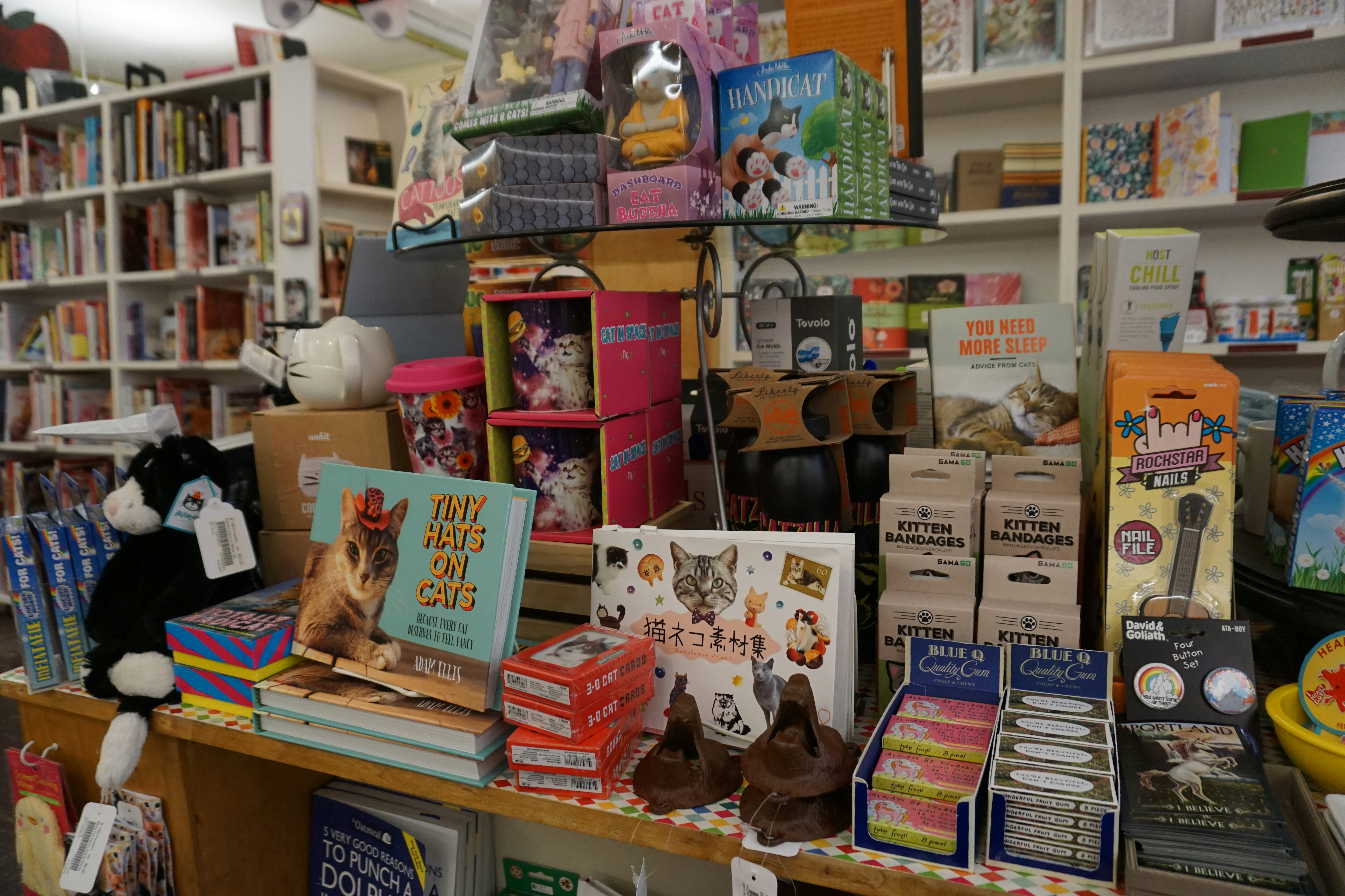 本棚のある店内で並ぶ絵本・ぬいぐるみの棚