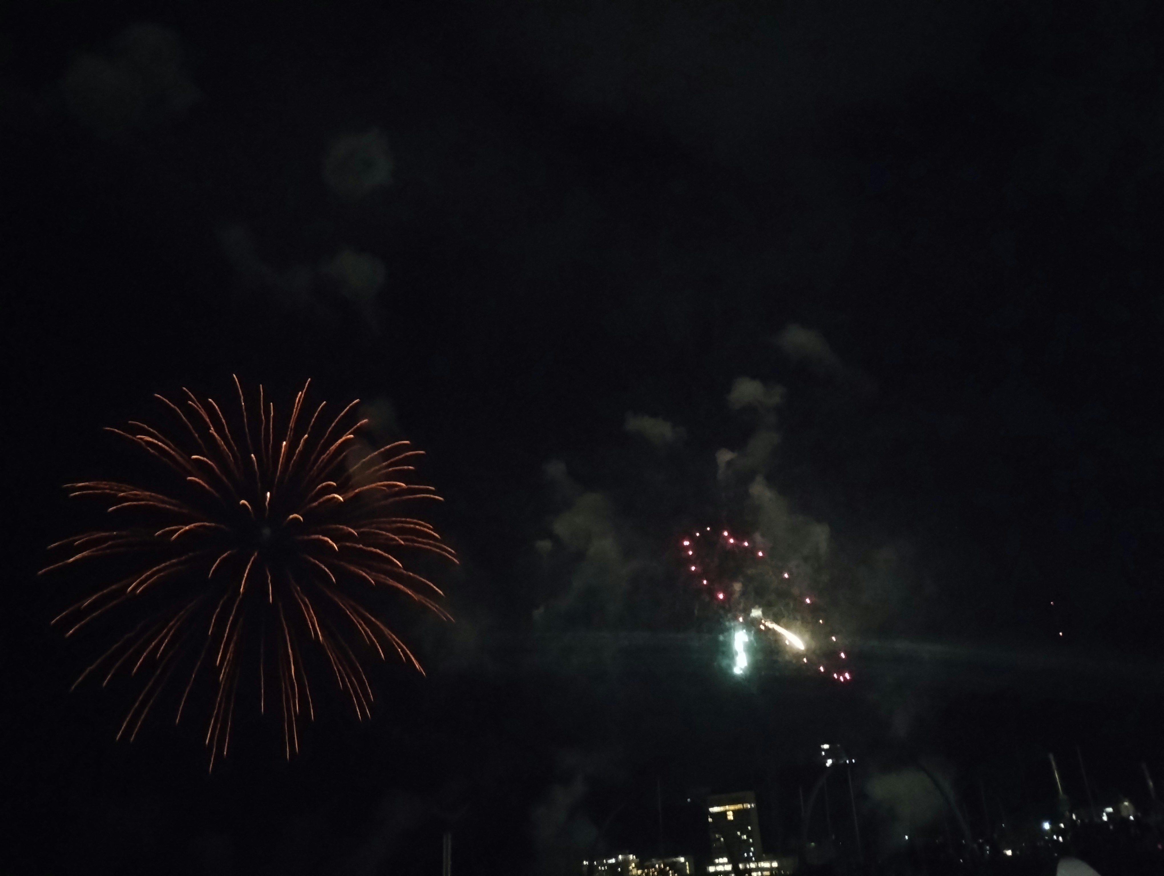 夜空に咲く花火と遠くの街の灯り