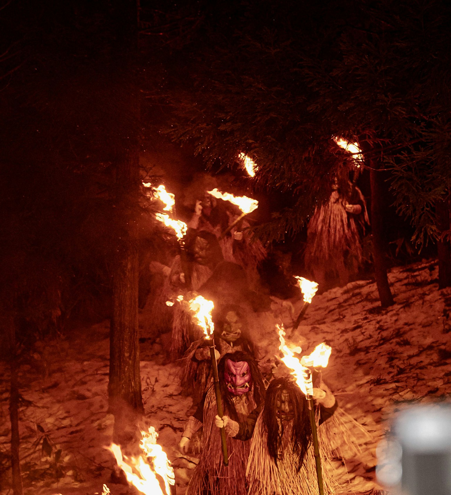 Orang-orang membawa obor berjalan melalui hutan saat festival