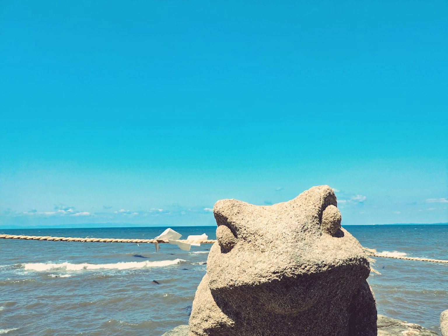 海邊的石頭青蛙雕塑和清澈的藍天