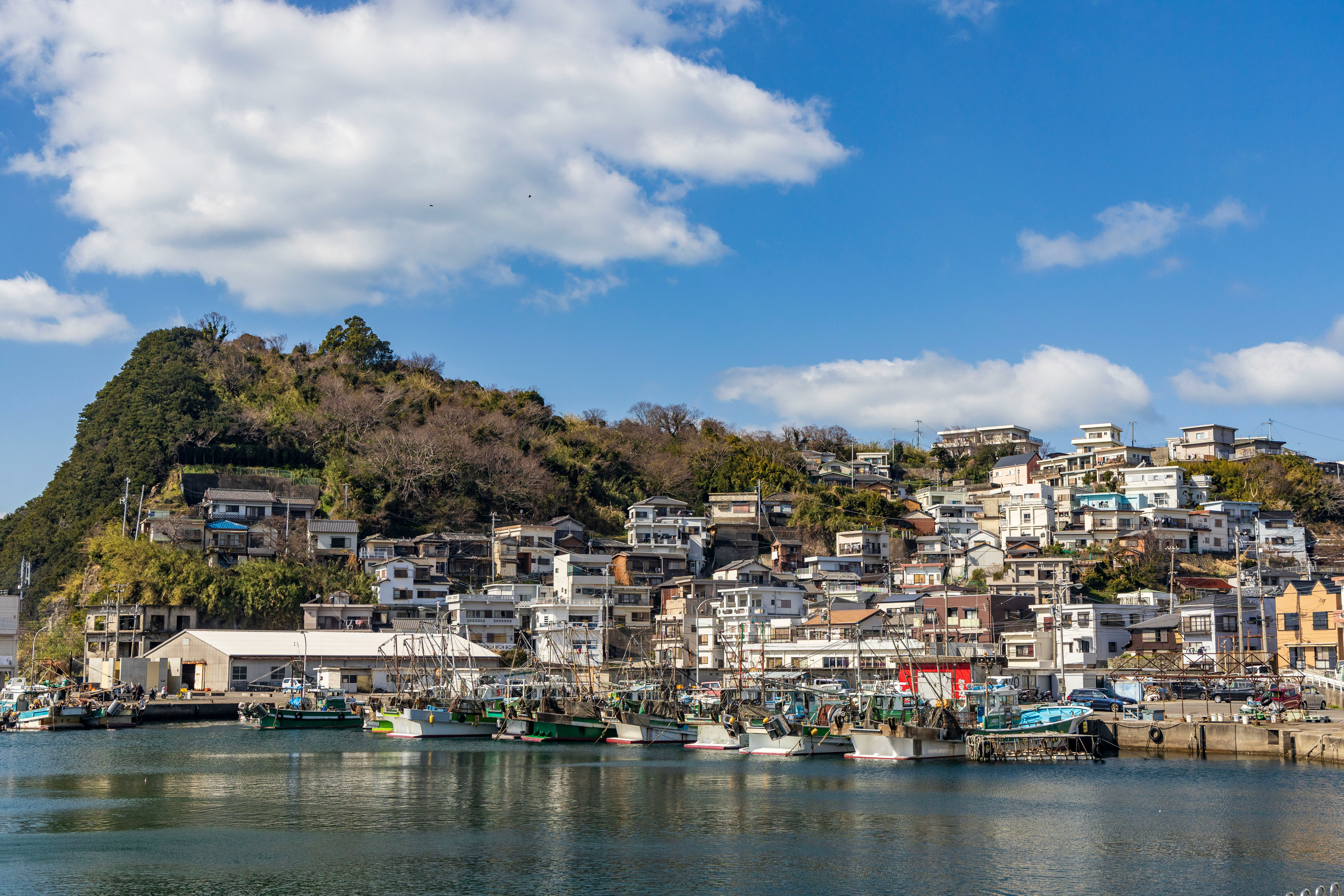 海港小鎮與山坡住宅，水邊停泊的船隻