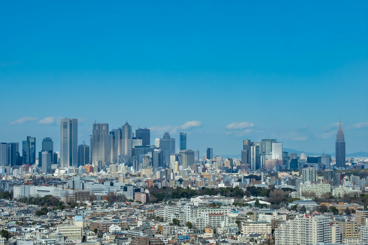 Tokyo skyline with skyscrapers and clear blue sky