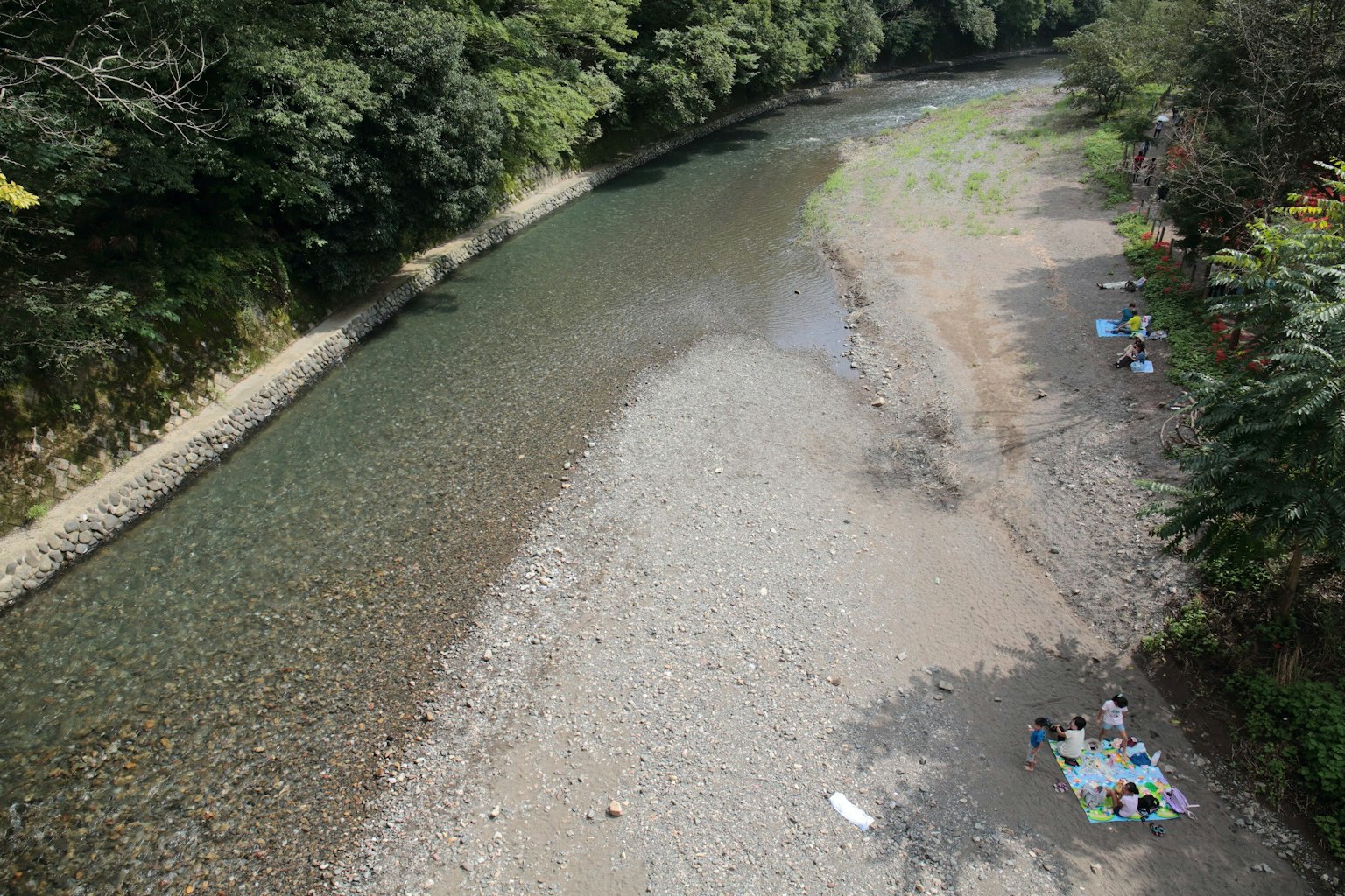 河流的风景与绿色树木，沙砾海滩和享受野餐的人们