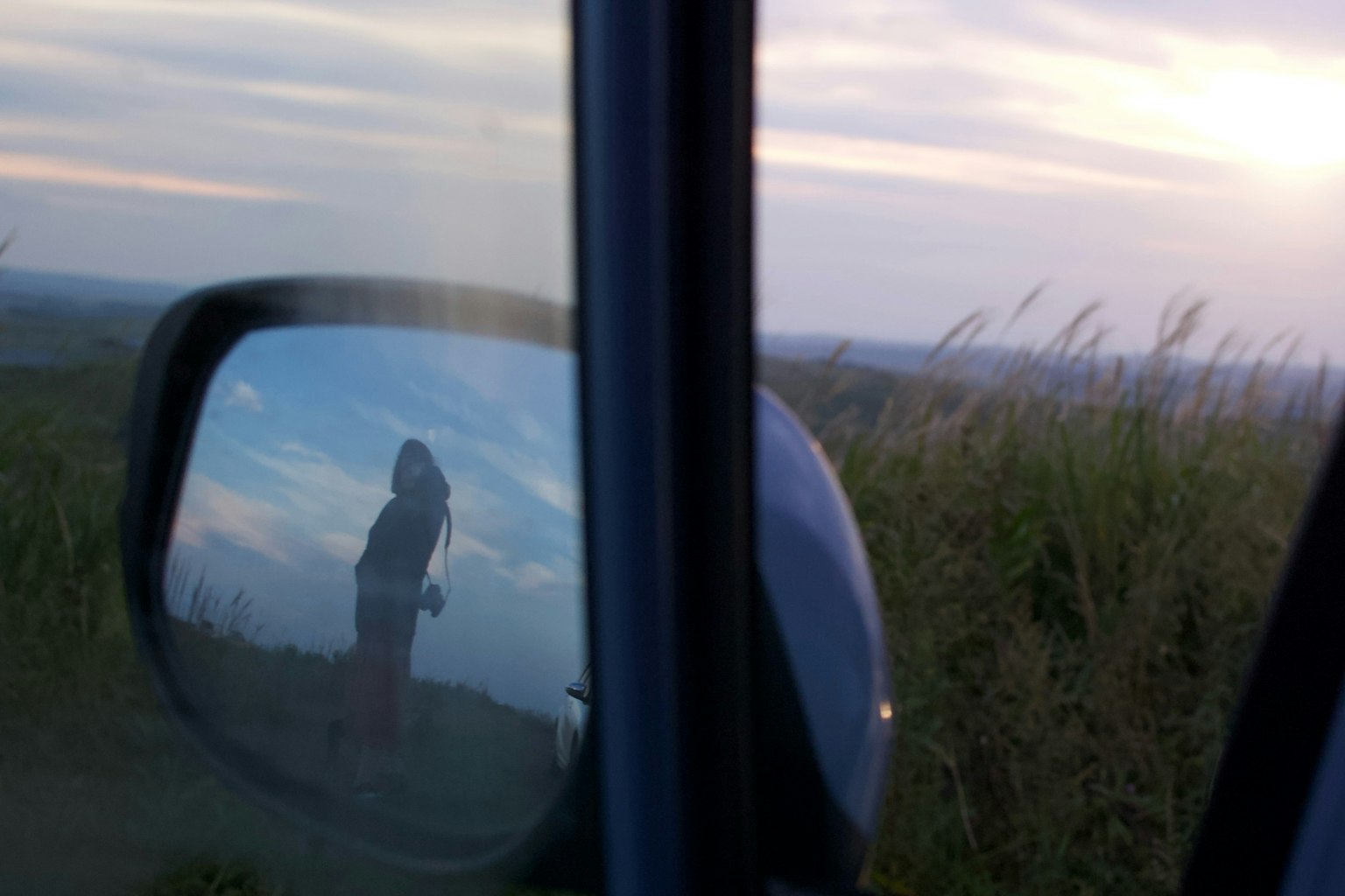Persona riflessa nello specchietto dell'auto con paesaggio erboso