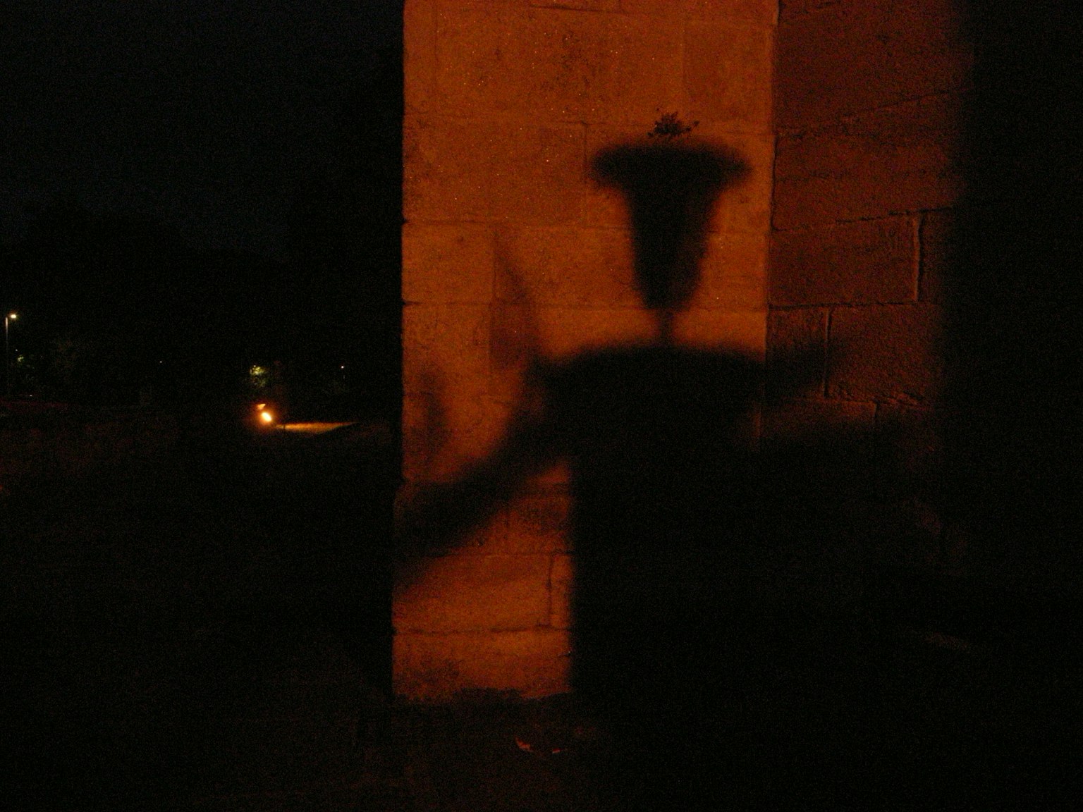 Un'ombra distintiva di una lampada proiettata su un muro nel buio
