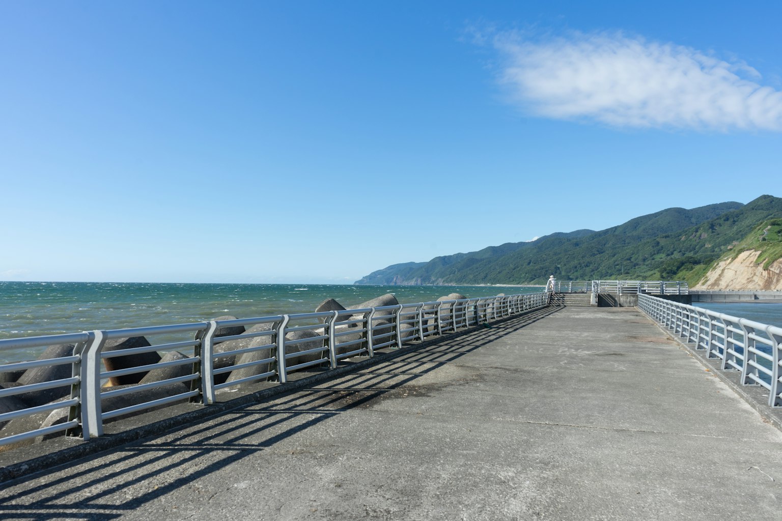Imagen de un muelle costero con cielo y mar azules