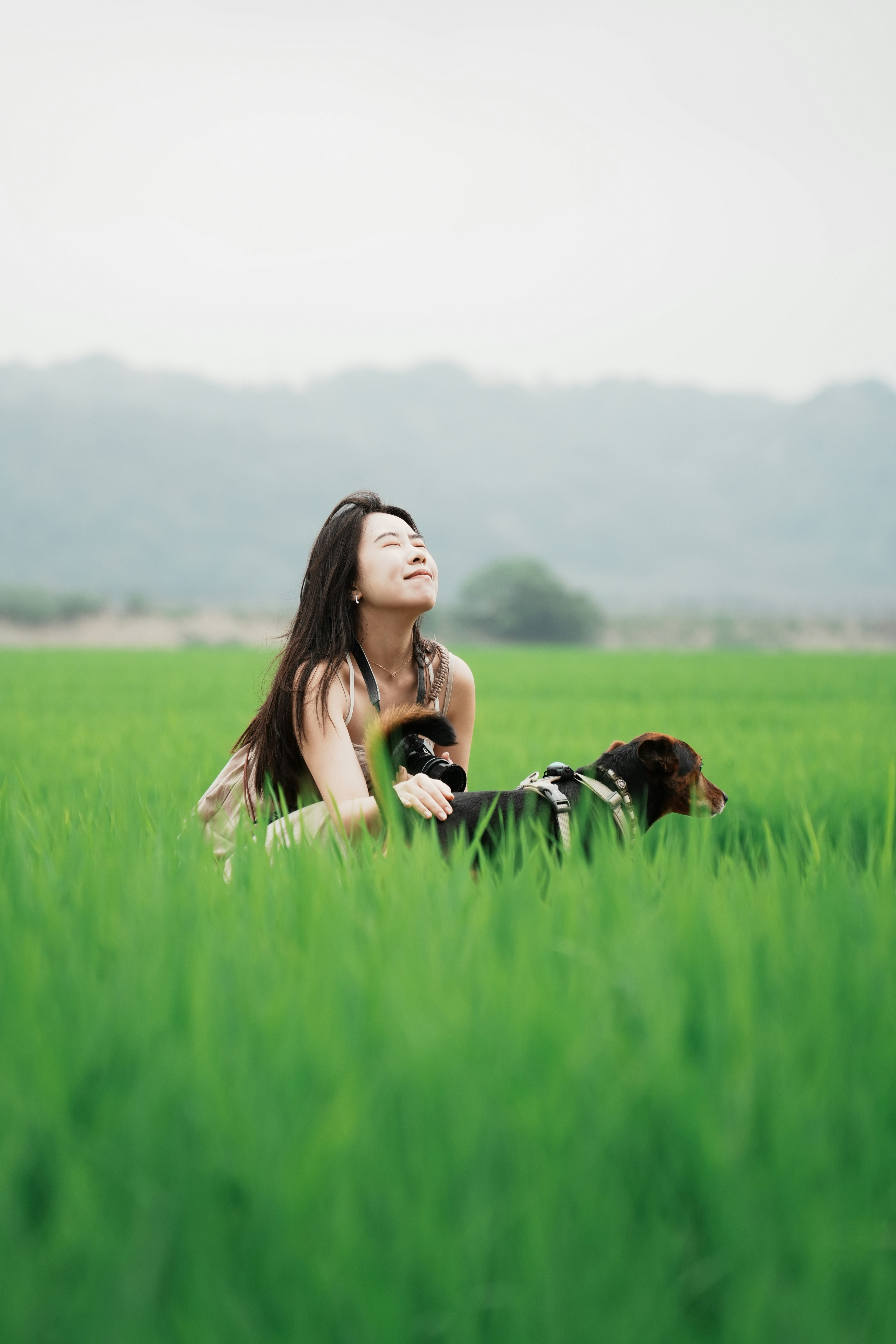 緑の草原で犬と一緒に微笑む女性