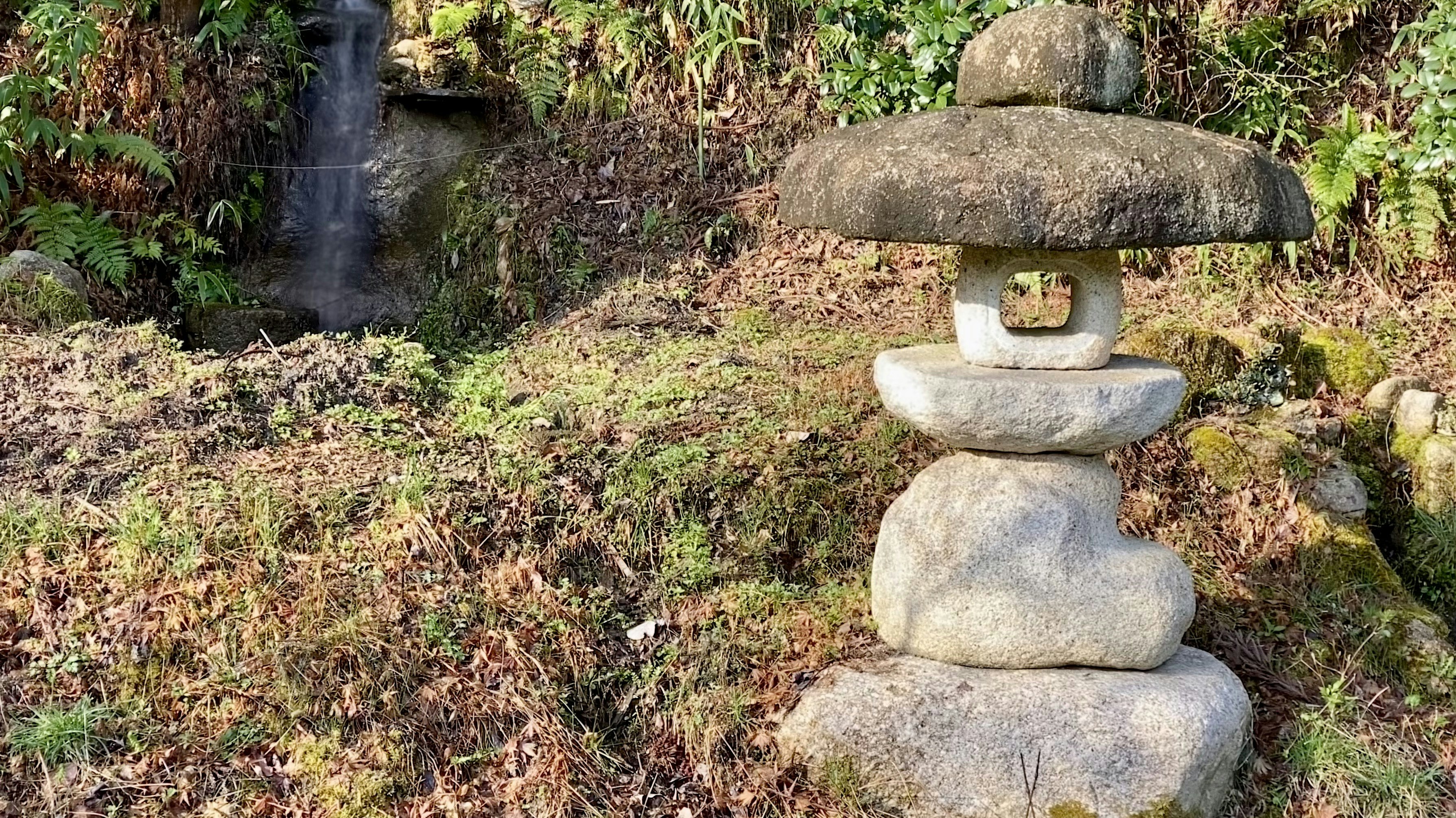 苔むした石の水盤と小さな流れのある庭