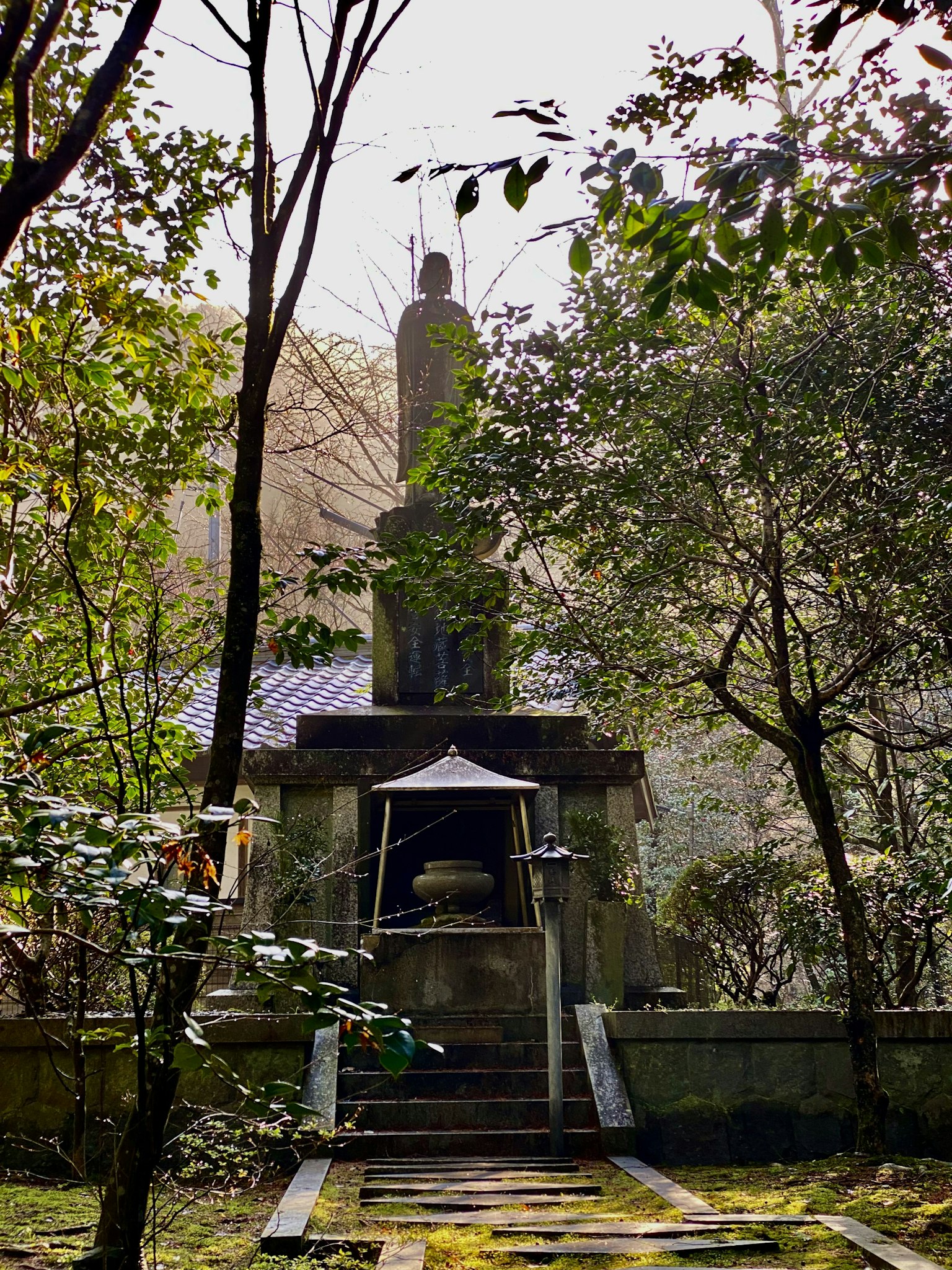 Una vista serena de una estatua de Buda y un templo en un bosque