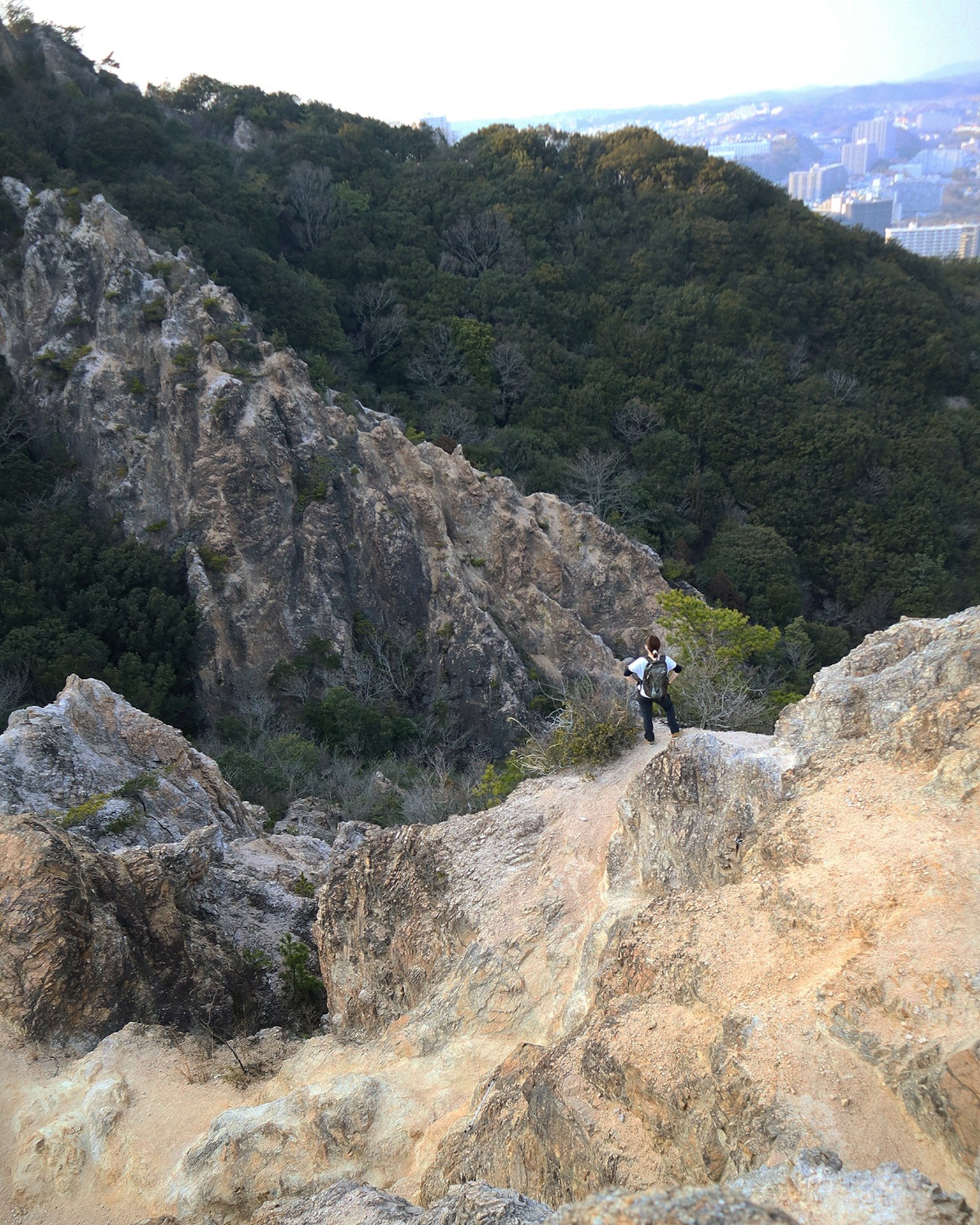 Randonneur debout sur une falaise rocheuse avec des collines verdoyantes en arrière-plan
