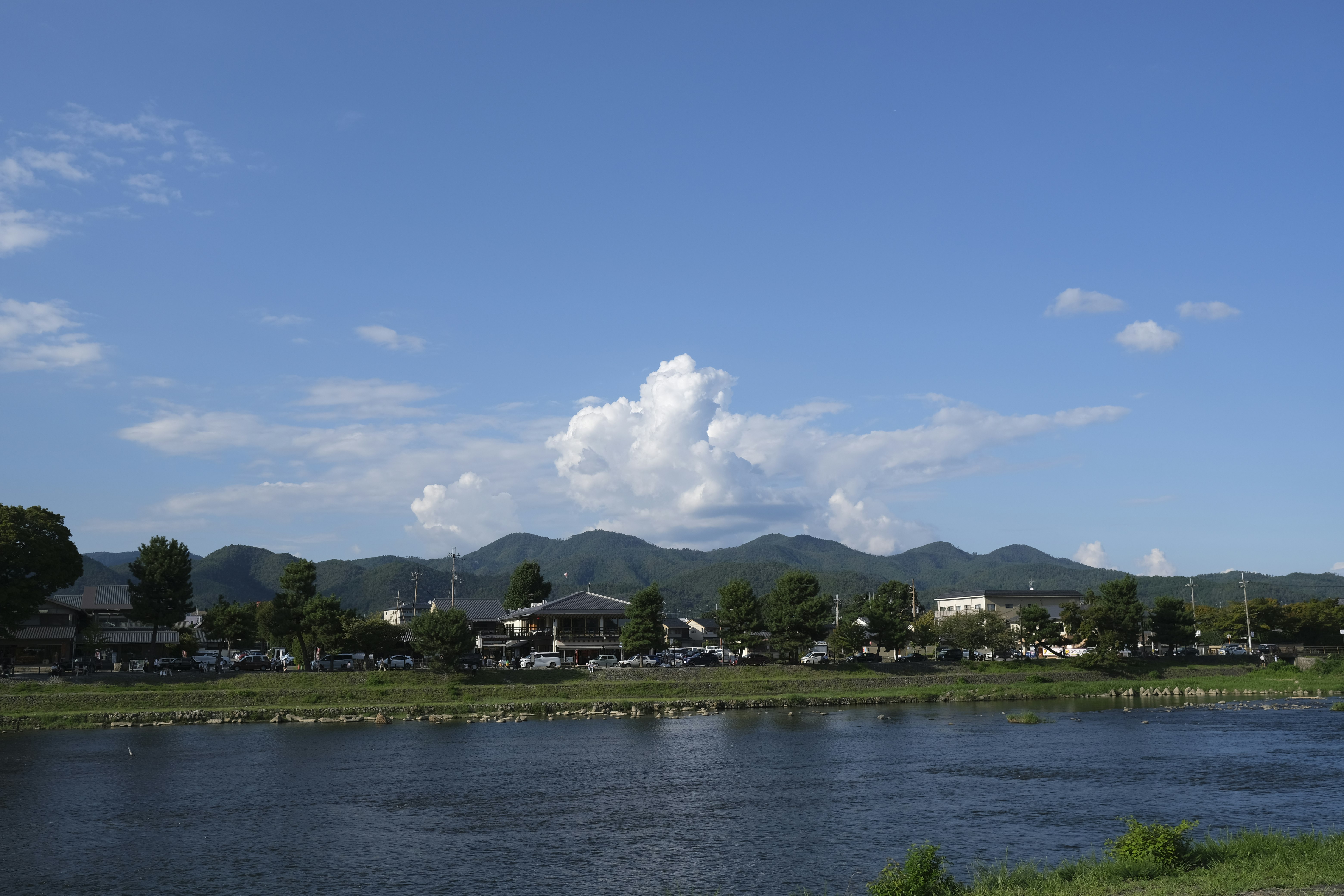 川沿いの緑と山並みが見えるのどかな風景