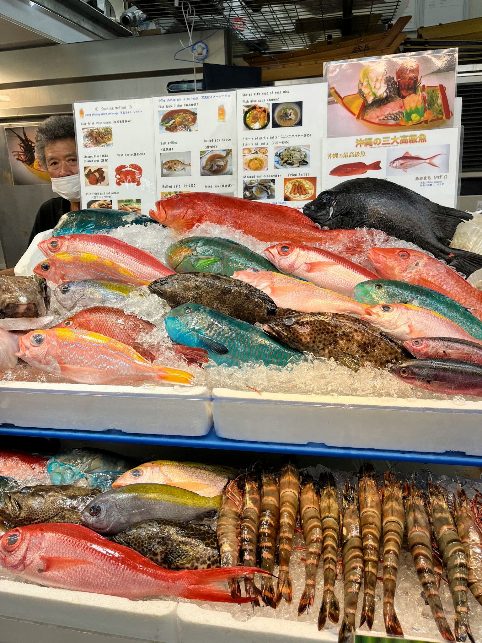 Affichage coloré de poissons et de crevettes dans un marché aux fruits de mer